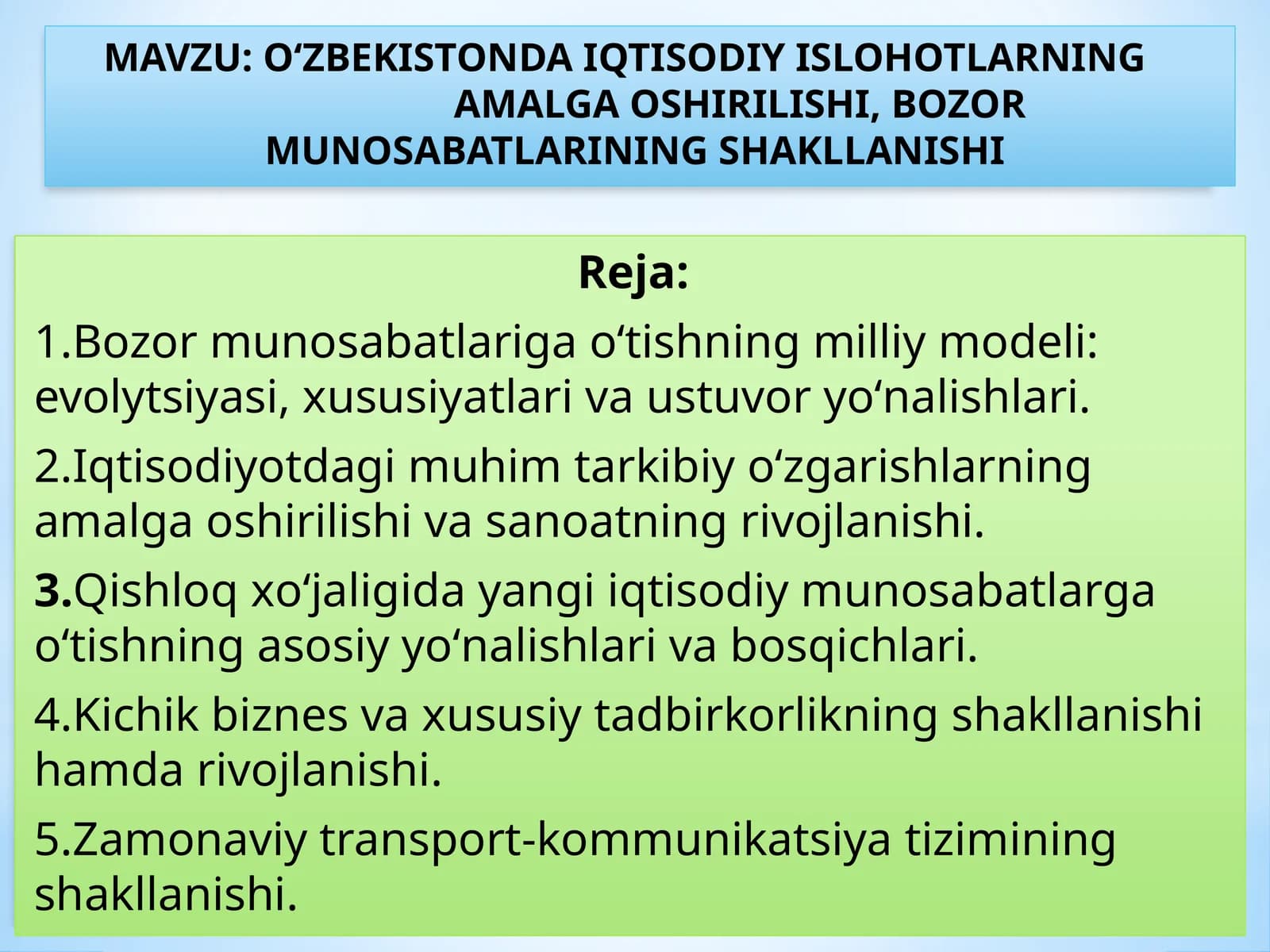 О‘ZBEKISTONDA IQTISODIY ISLOHOTLARNING AMALGA OSHIRILISHI, BOZOR MUNOSABATLARINING SHAKLLANISHI
