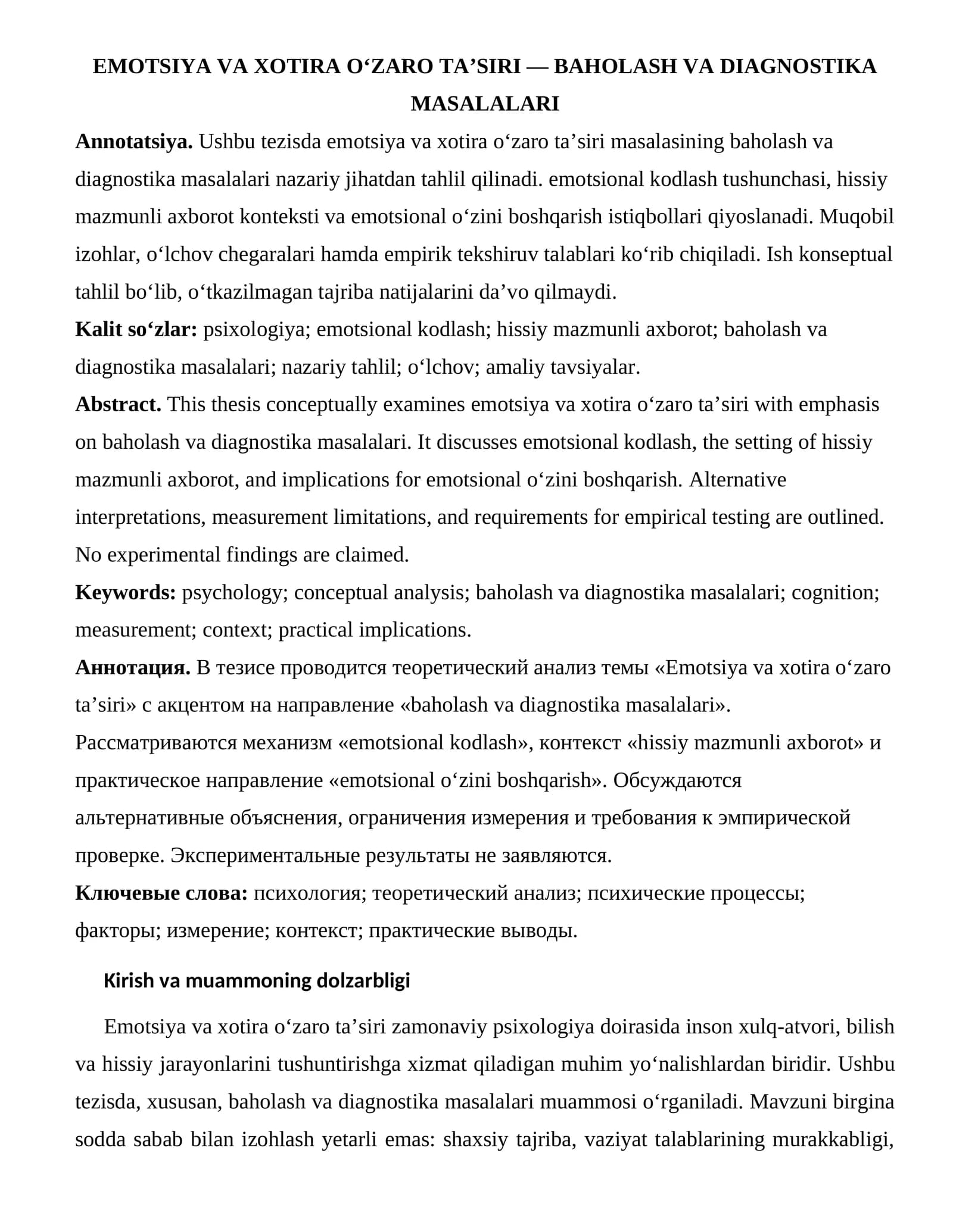 EMOTSIYA VA XOTIRA O‘ZARO TA’SIRI — BAHOLASH VA DIAGNOSTIKA MASALALARI