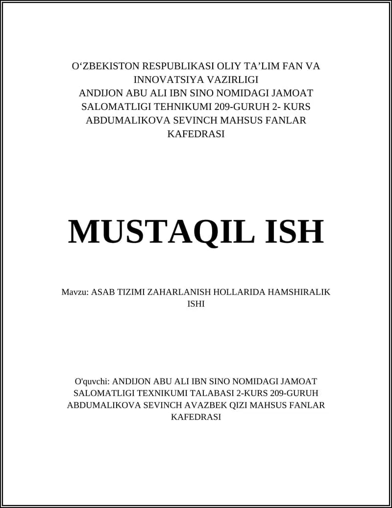 ASAB TIZIMI ZAHARLANISH HOLLARIDA HAMSHIRALIK ISHI