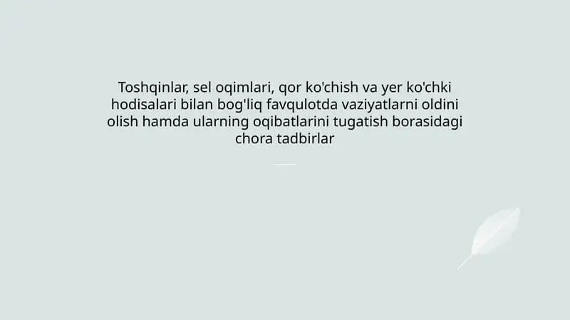 Toshqinlar, sel oqimlari, qor ko'chish va yer ko'chki hodisalari bilan bog'liq favqulotda vaziyatlarni oldini olish hamda ularning oqibatlarini tugatish borasidagi chora tadbirlar