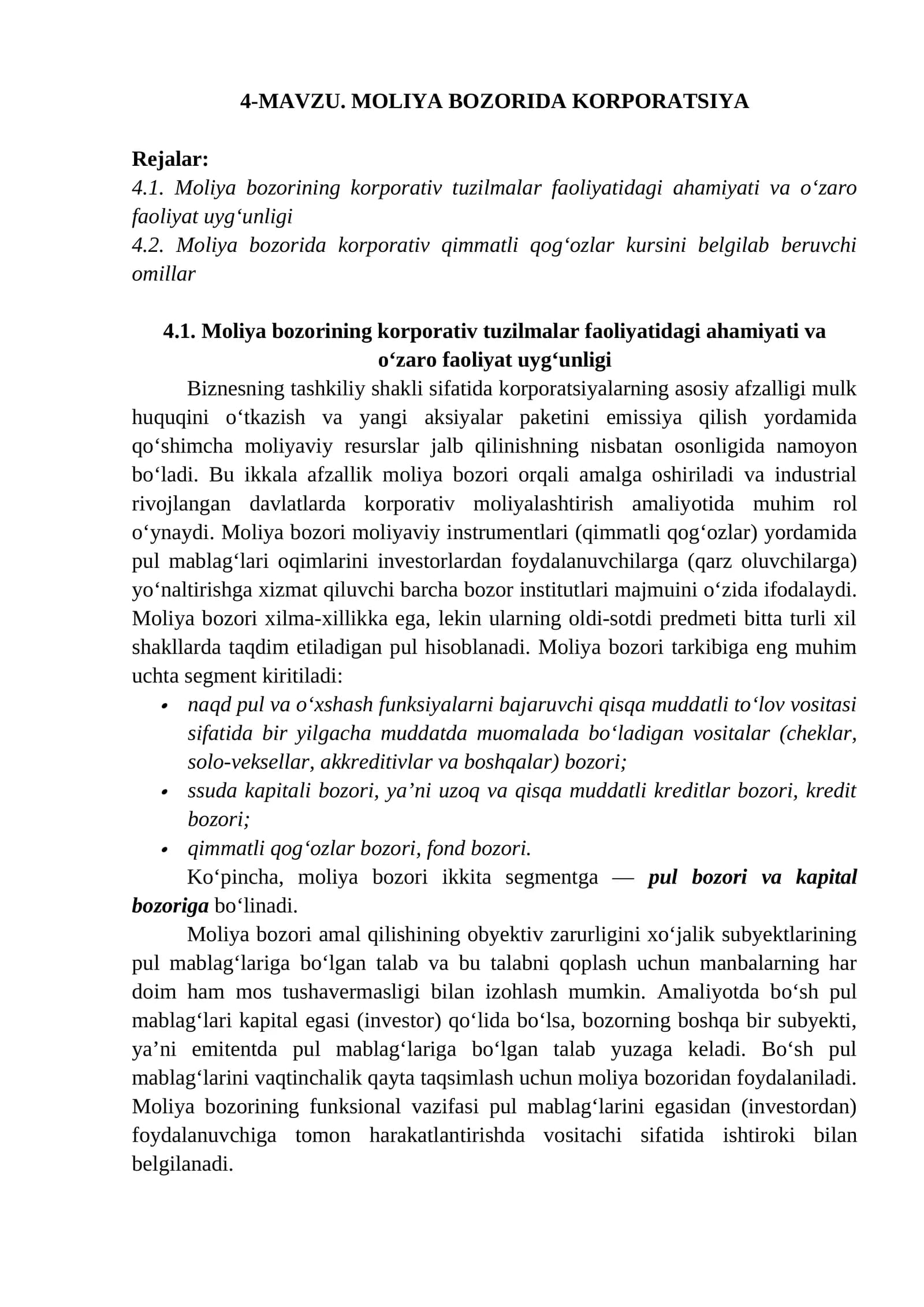 Moliya Bozorida Korporatsiya