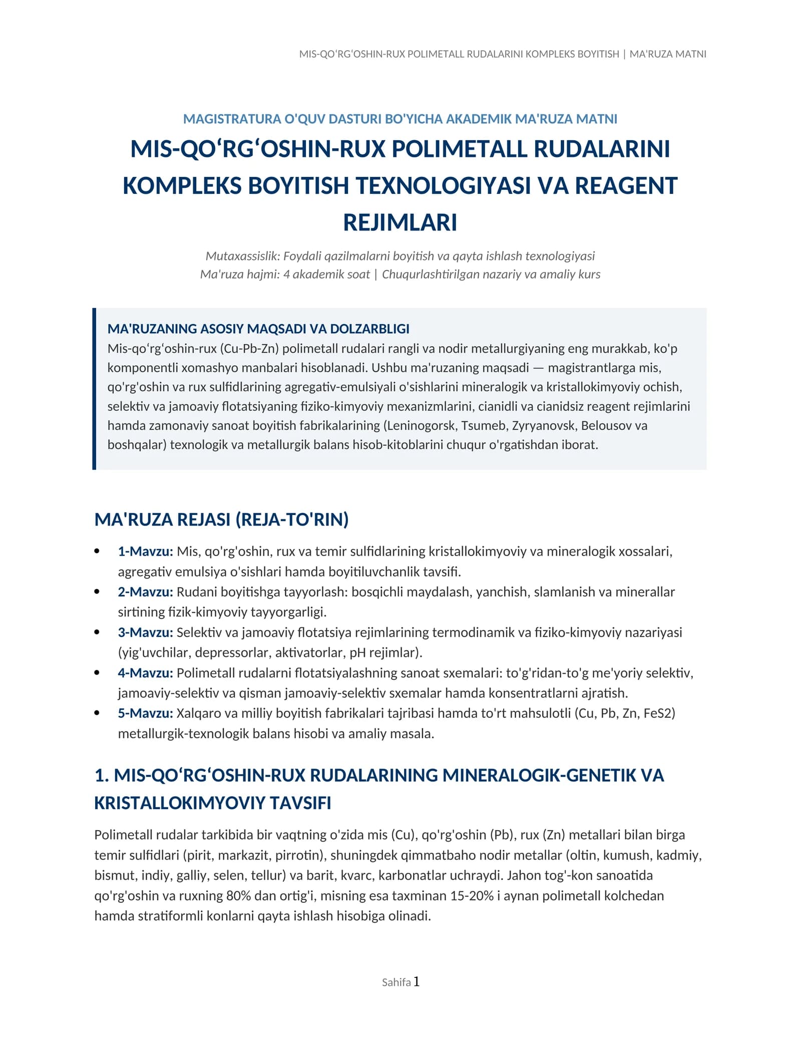 MIS-QO‘RG‘OSHIN-RUX POLIMETALL RUDALARINI KOMPLEKS BOYITISH | MA'RUZA MATNI