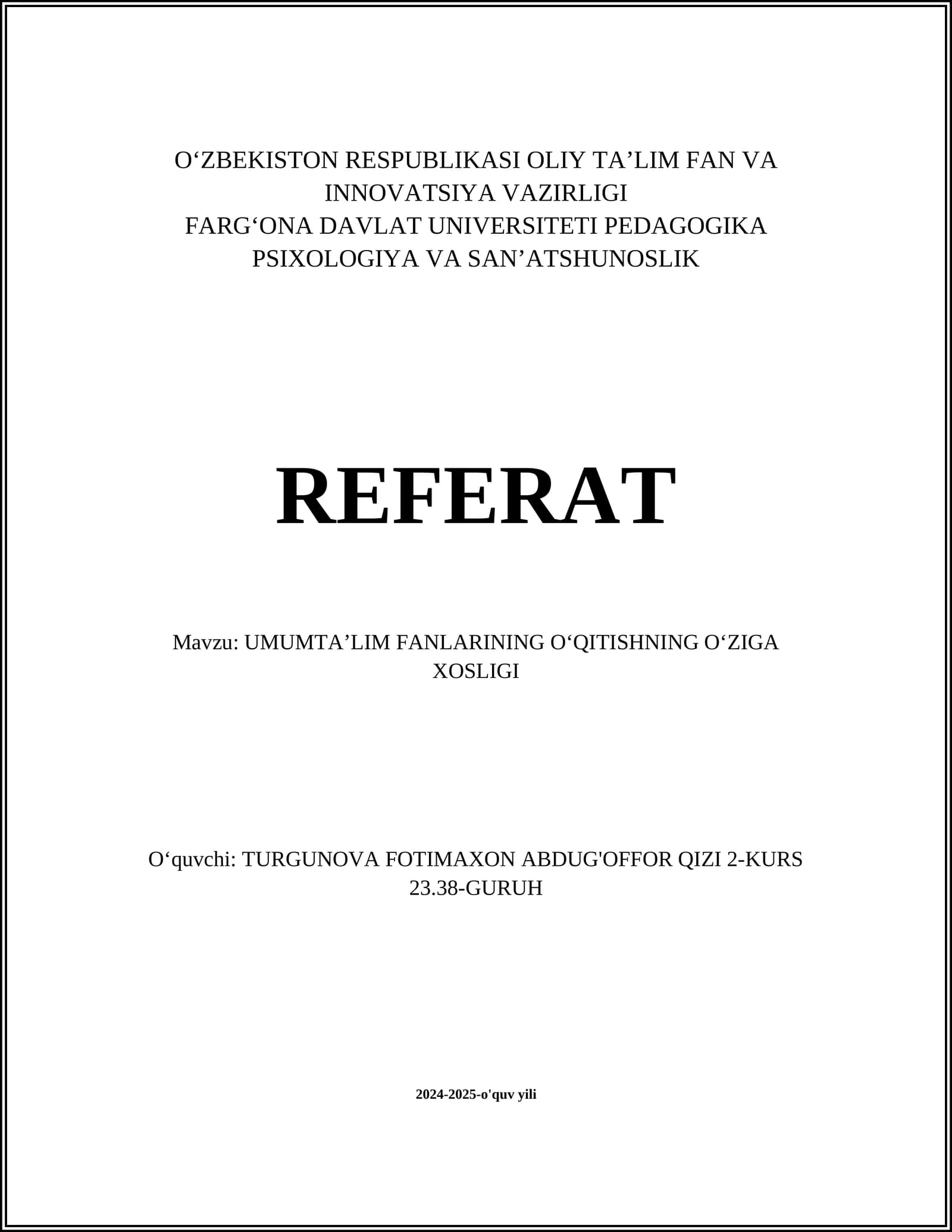 UMUMTAʼLIM FANLARI MAZMUNI