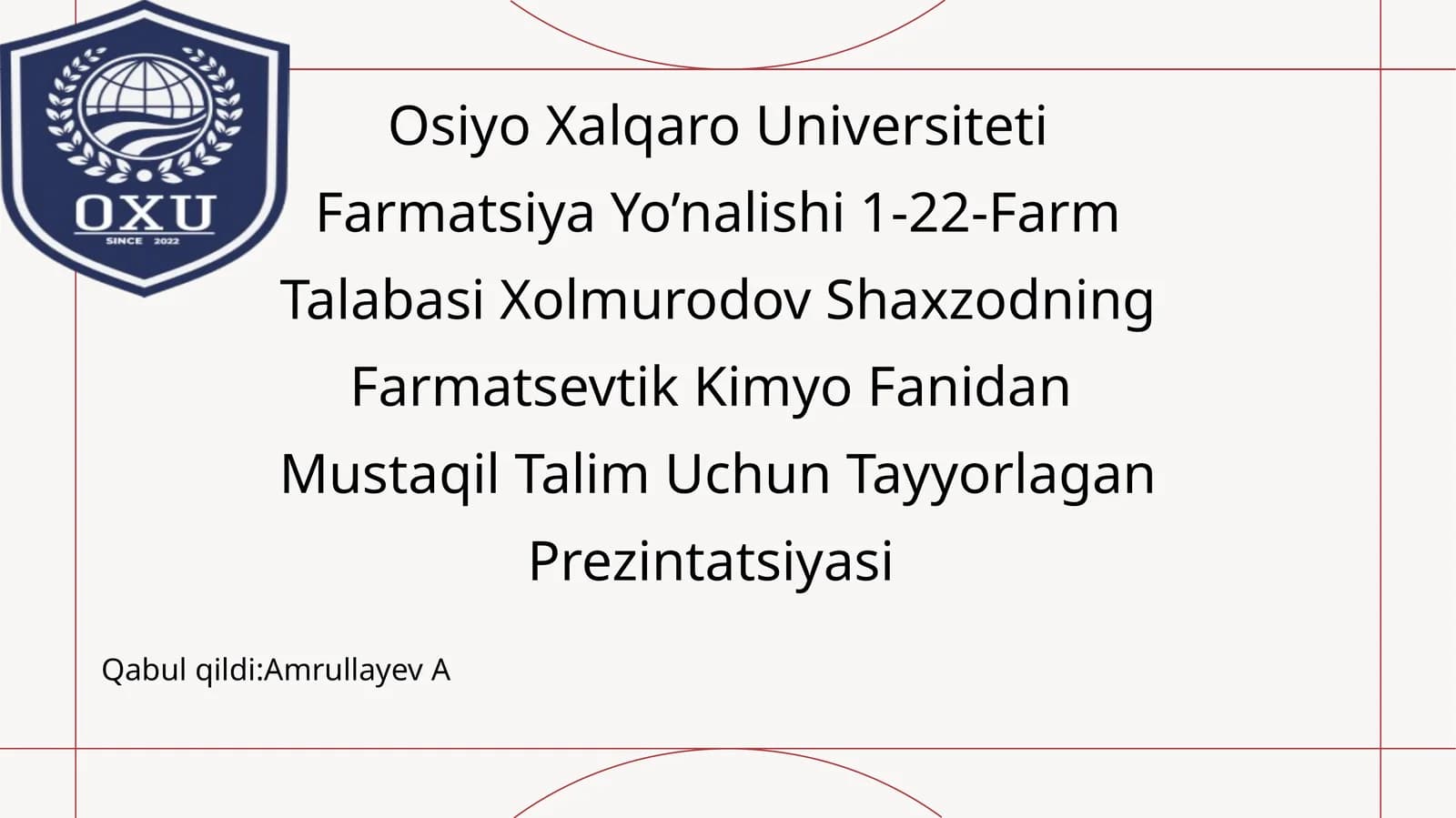 Farmatsevtik Kimyo Fanidan Mustaqil Talim Uchun Tayyorlagan Prezintatsiyasi