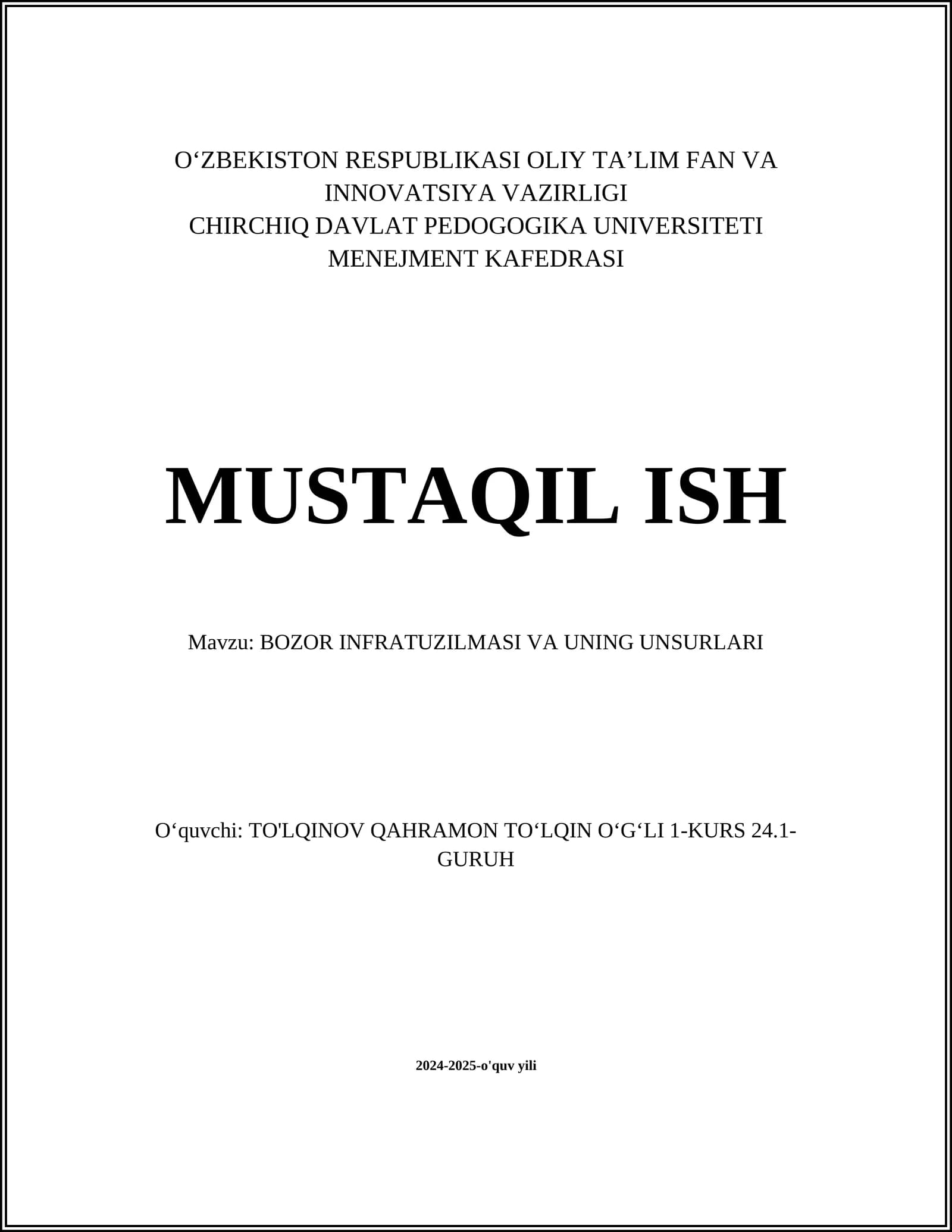 BOZOR INFRATUZILMASI VA UNING UNSURLARI