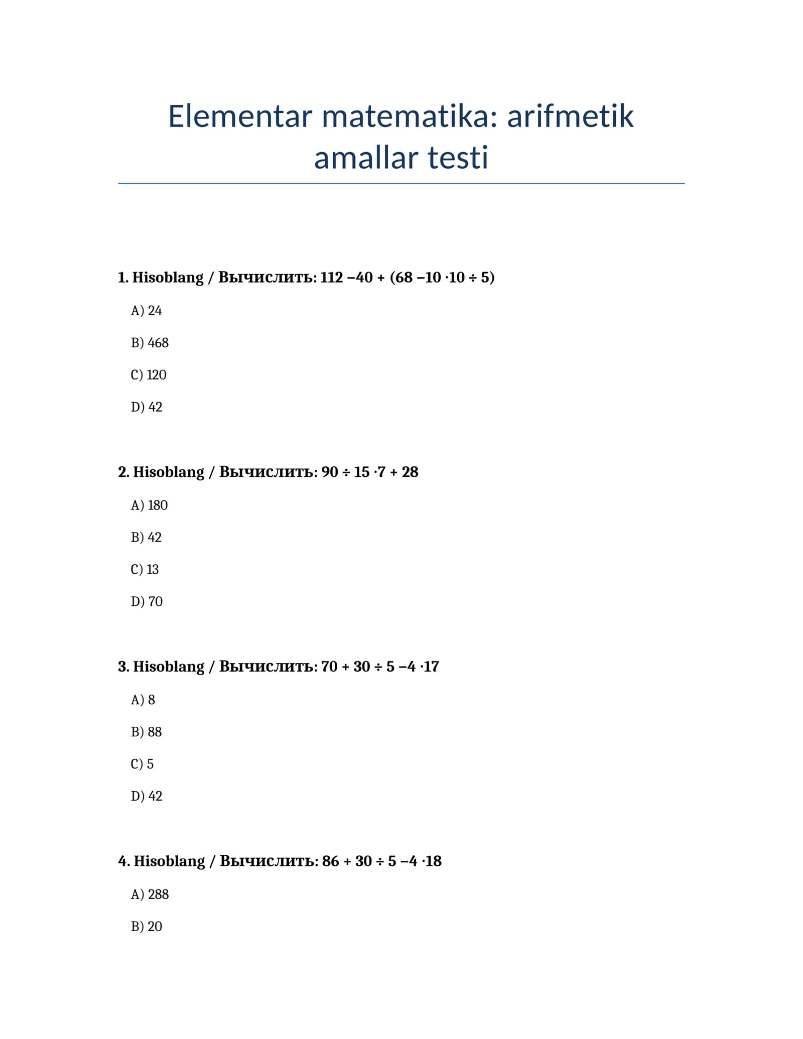 Elementar matematika: arifmetik amallar testi
