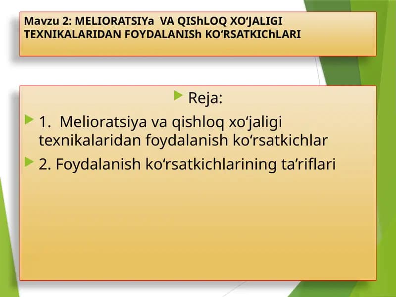 MELIORATSIYa VA QIShLOQ XO‘JALIGI TEXNIKALARIDAN FOYDALANIShKO‘RSATKIChLARI