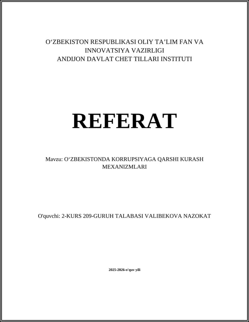 O‘ZBEKISTONDA KORRUPSIYAGA QARSHI KURASH MEXANIZMLARI