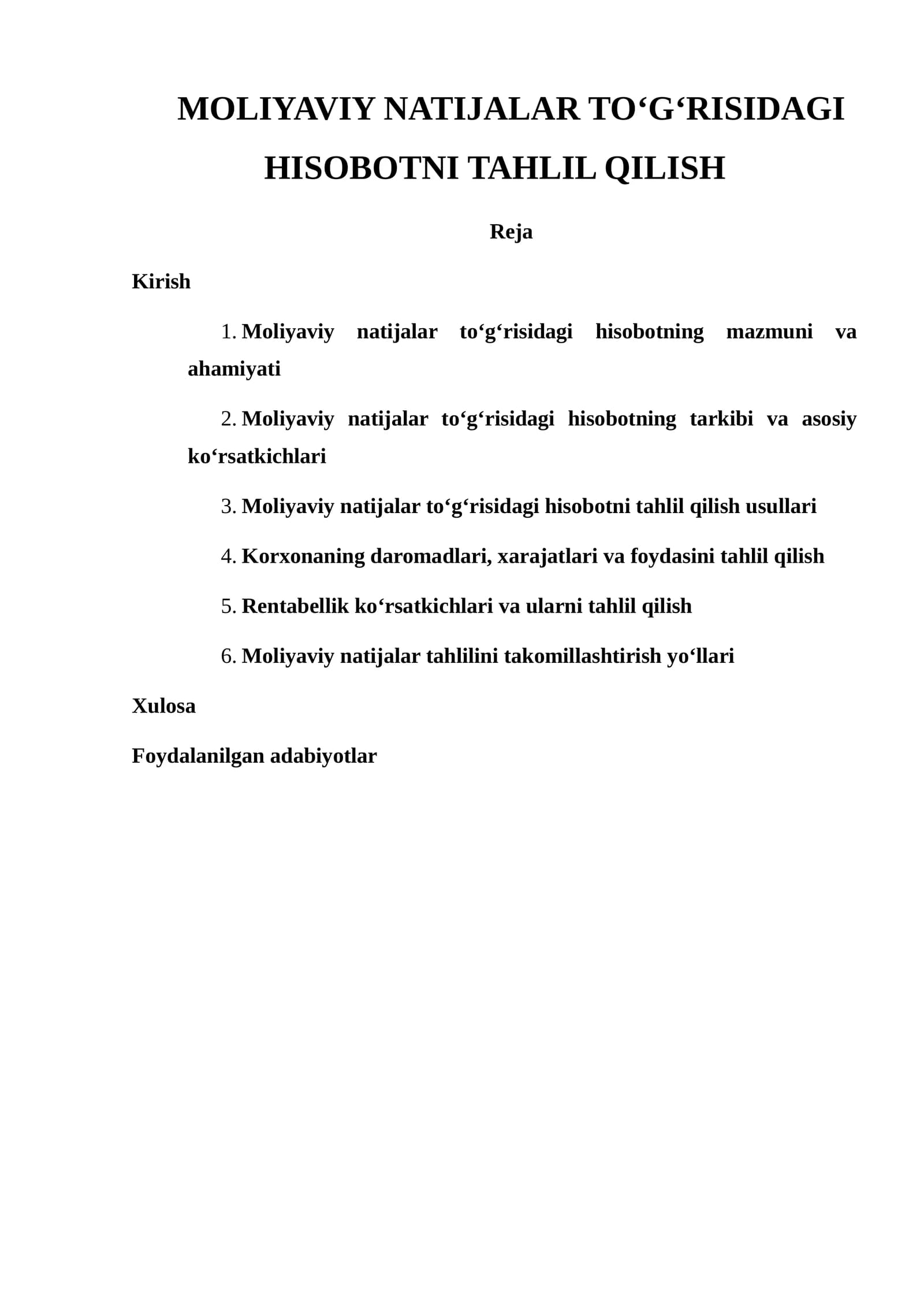 MOLIYAVIY NATIJALAR TO‘G‘RISIDAGI HISOBOTNI TAHLIL QILISH