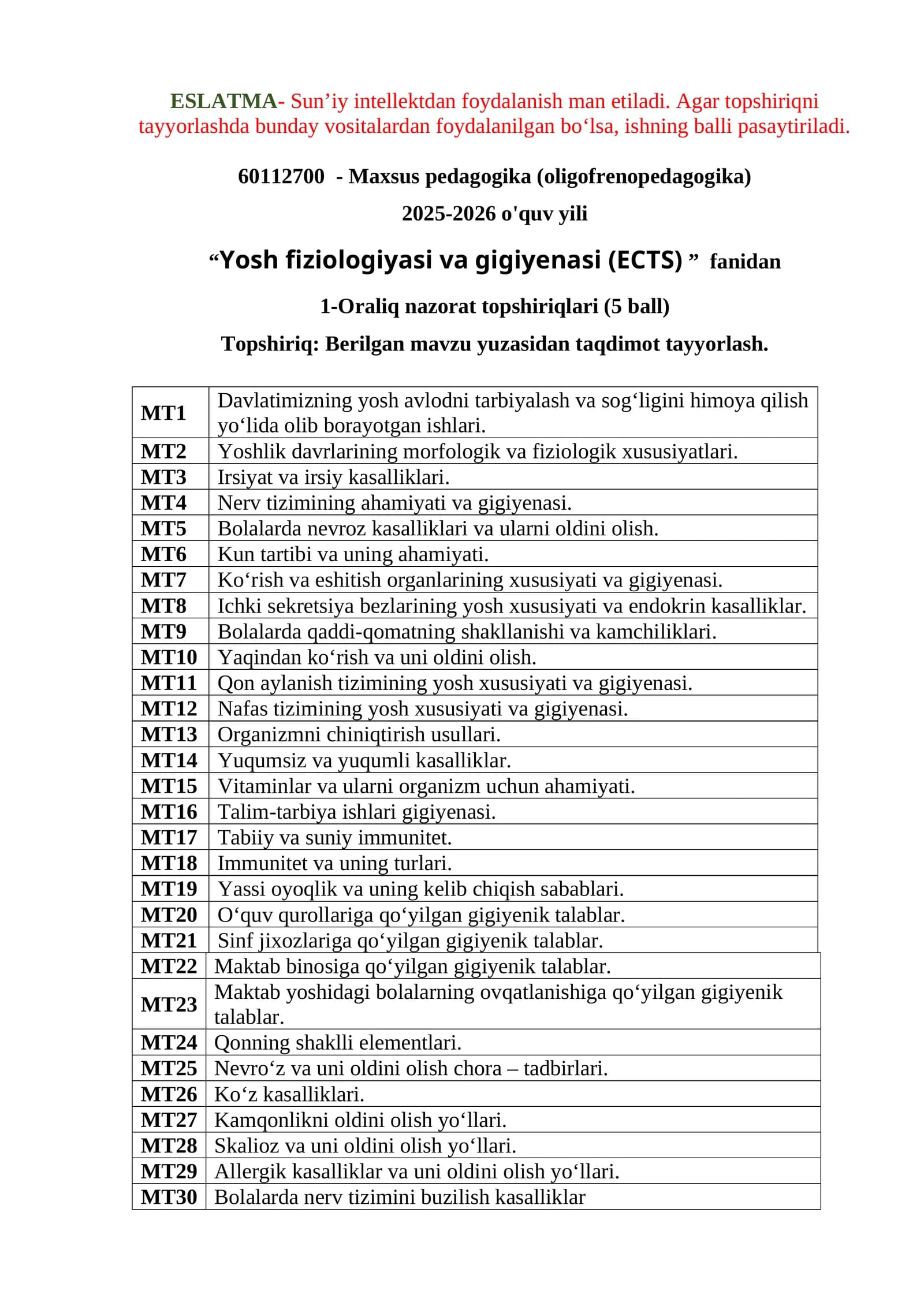 Yosh fiziologiyasi va gigiyenasi (ECTS)
