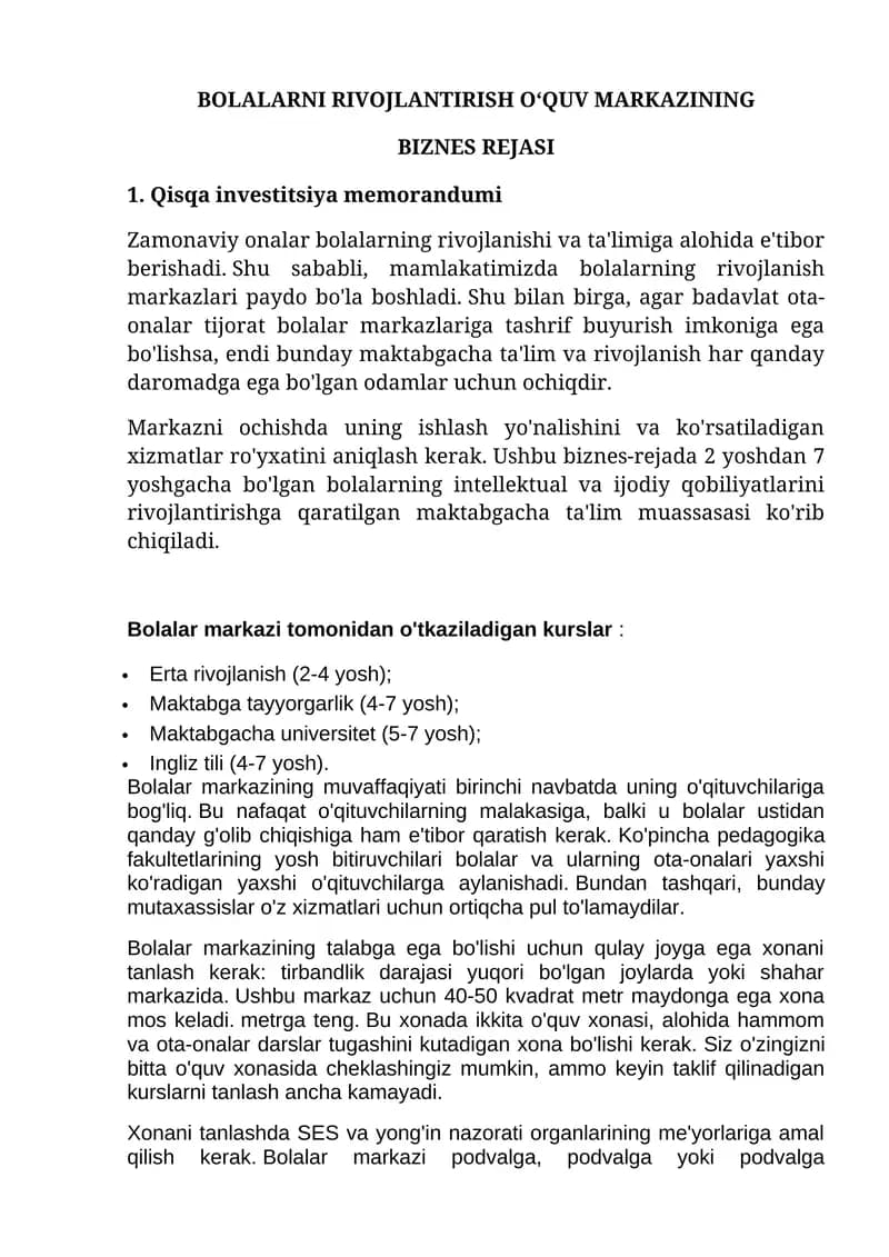 BOLALARNI RIVOJLANTIRISH O‘QUV MARKAZI