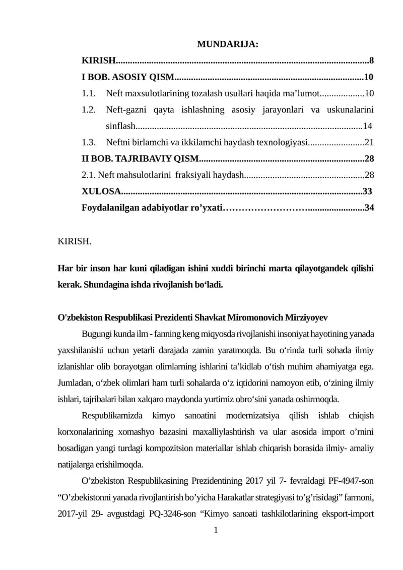 Neft maxsulotlarini tozalash.