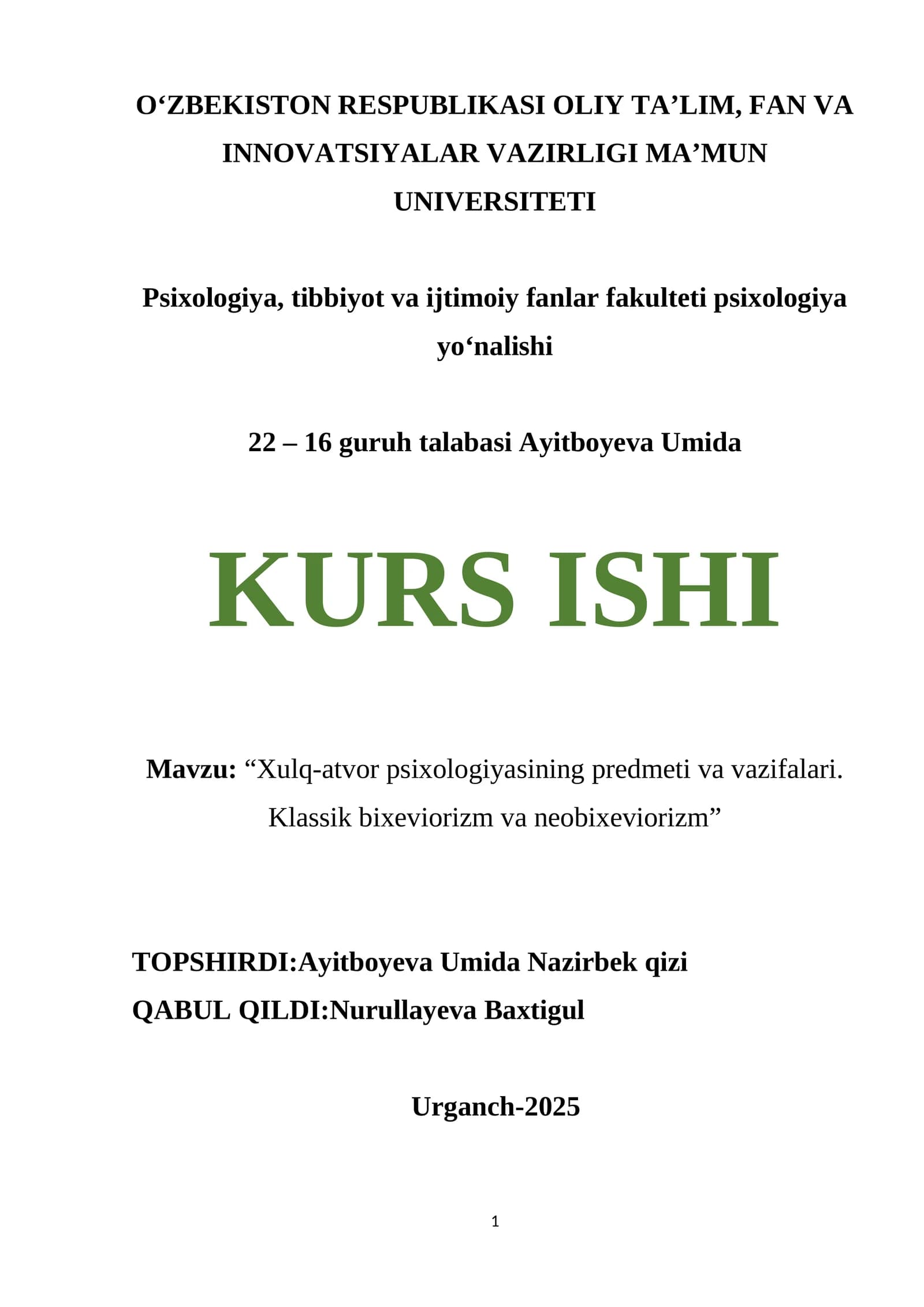 Xulq-atvor psixologiyasining predmeti va vazifalari