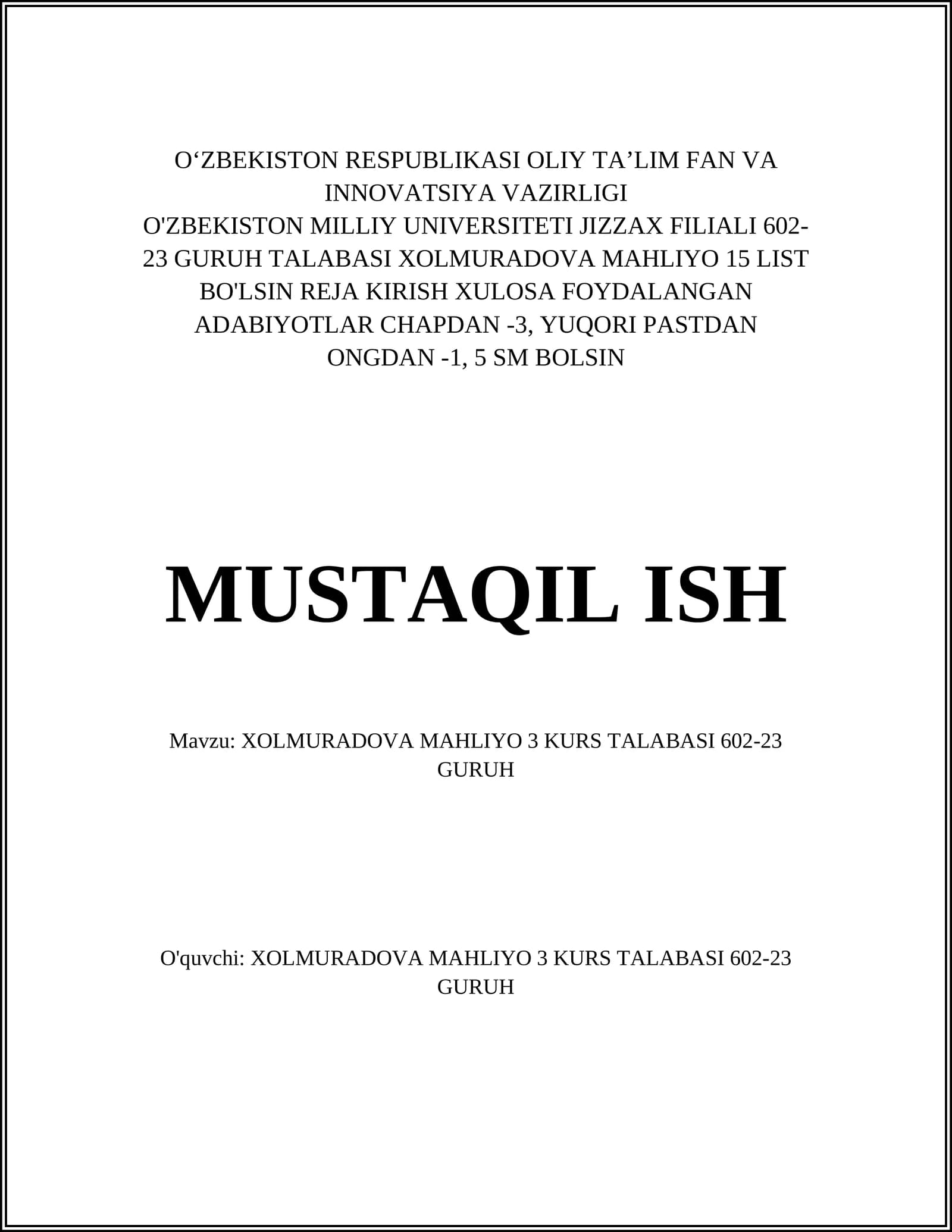 Xolmuradova Mahliyo 3-kursdagi o‘quv reja va fanlari