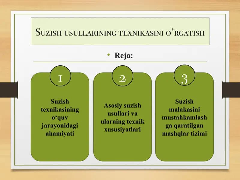 Suzish usullarining texnikasini o‘rgatish
