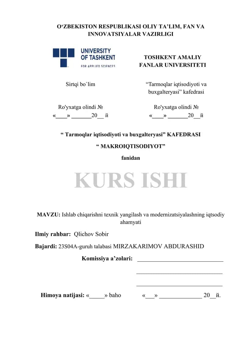 Ishlab chiqarishni texnik yangilash va modernizatsiyalashning iqtsodiy ahamyati
