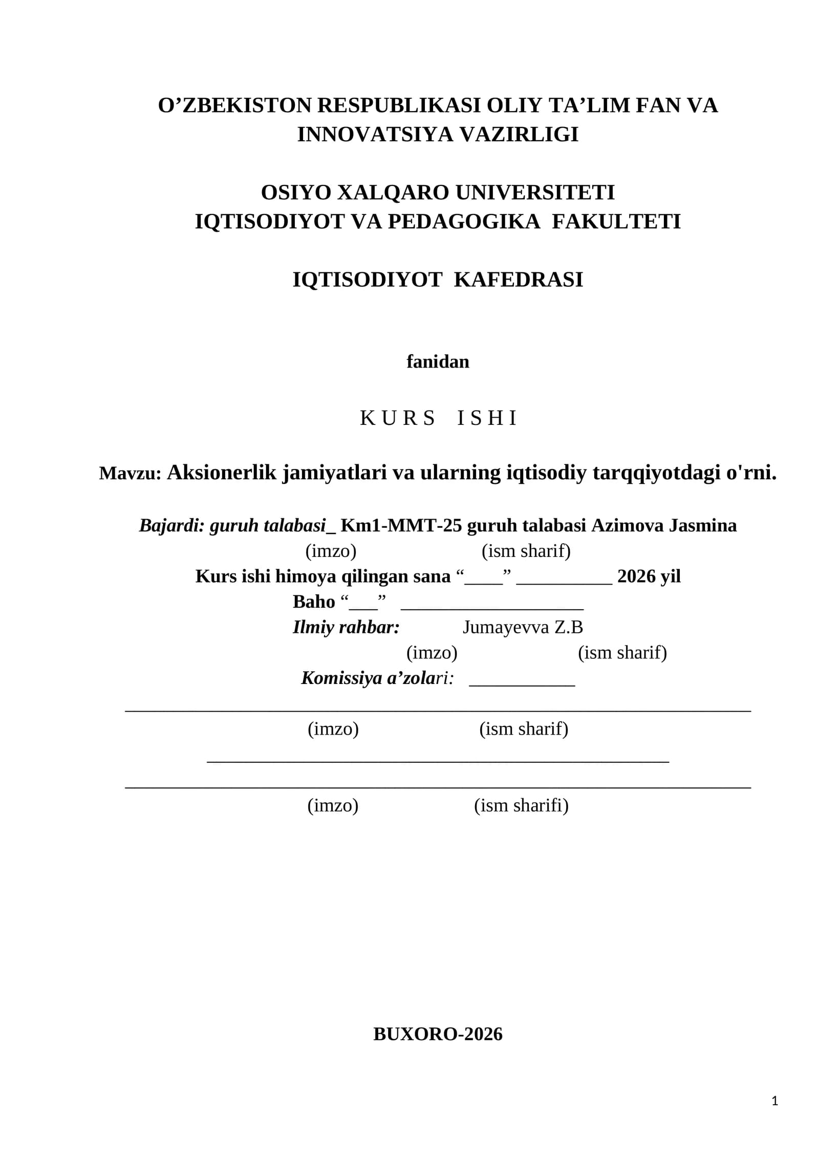 Aksionerlik jamiyatlari va ularning iqtisodiy tarqqiyotdagi o'rni