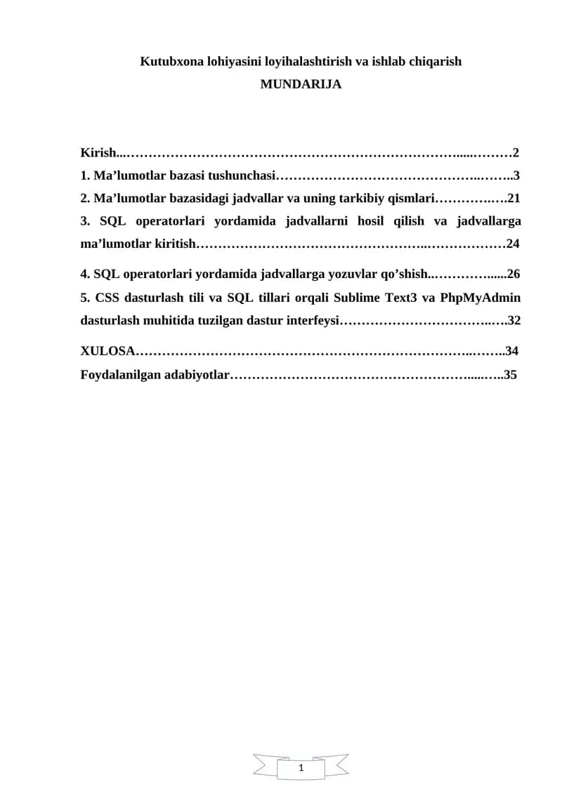 Kutubxona lohiyasini loyihalashtirish va ishlab chiqarish