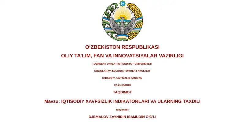 IQTISODIY XAVFSIZLIK INDIKATORLARI VA ULARNING TAXDILI