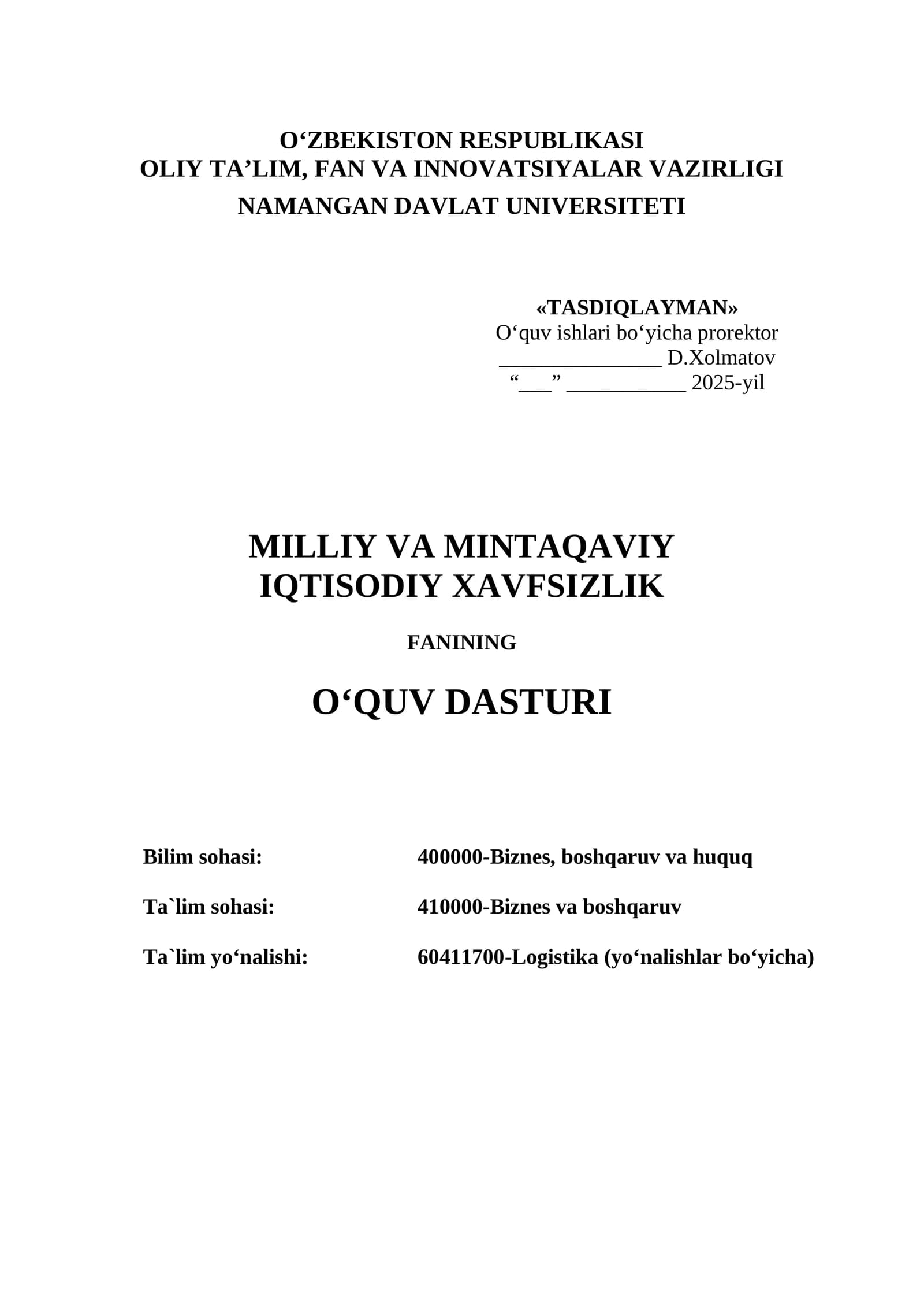 MILLIY VA MINTAQAVIY IQTISODIY XAVFSIZLIK