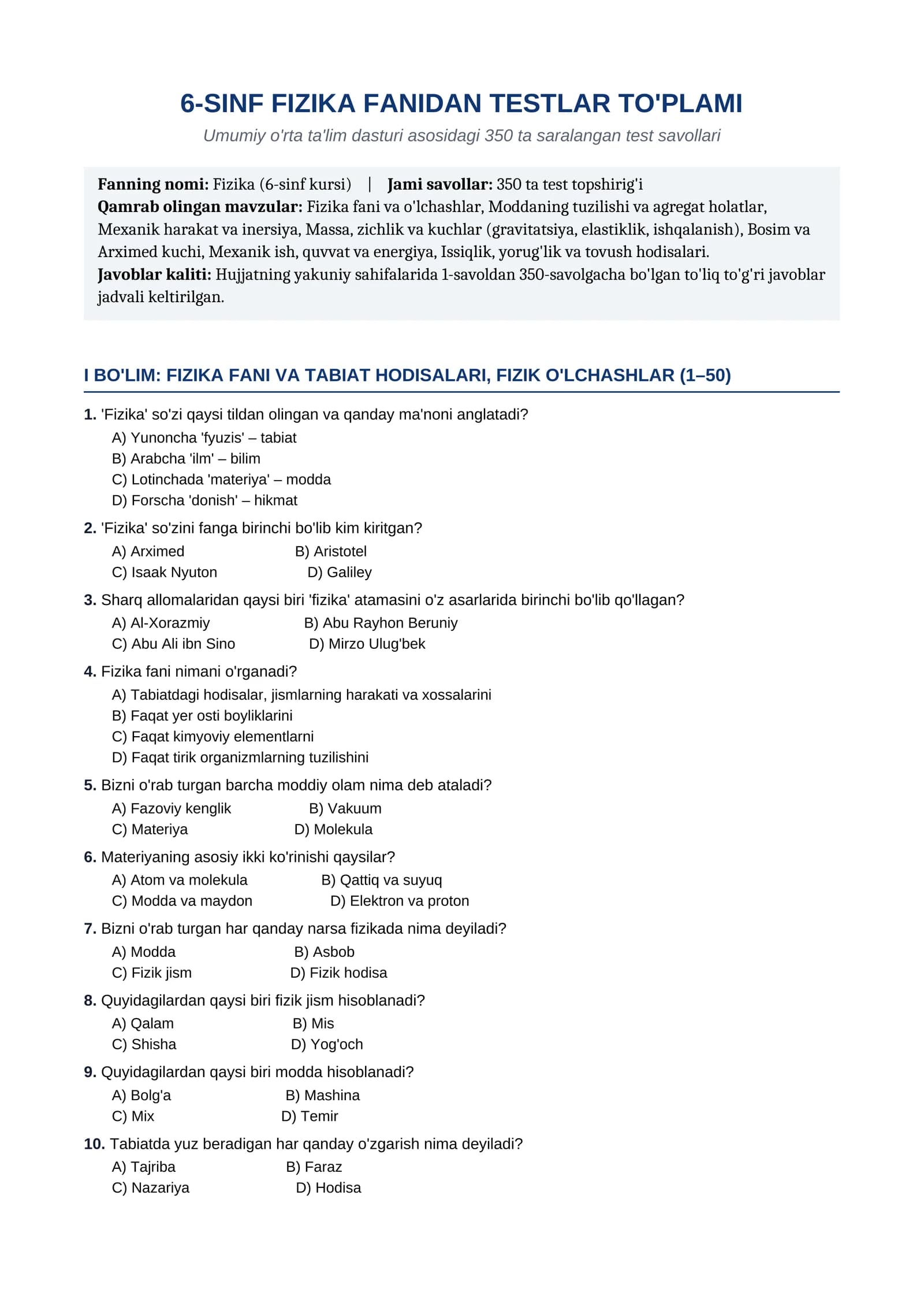 6-SINF FIZIKA FANIDAN TESTLAR TO'PLAMI