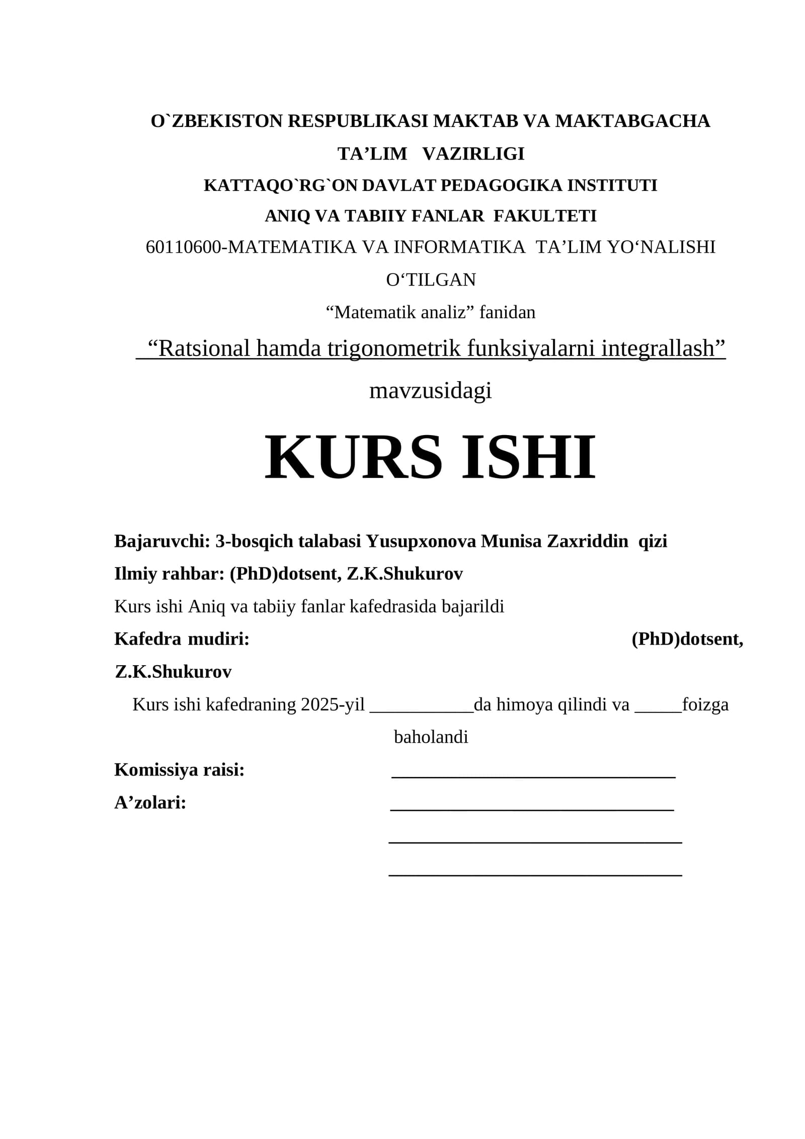 Matematik analiz - Ratsional hamda trigonometrik funksiyalarni integrallash