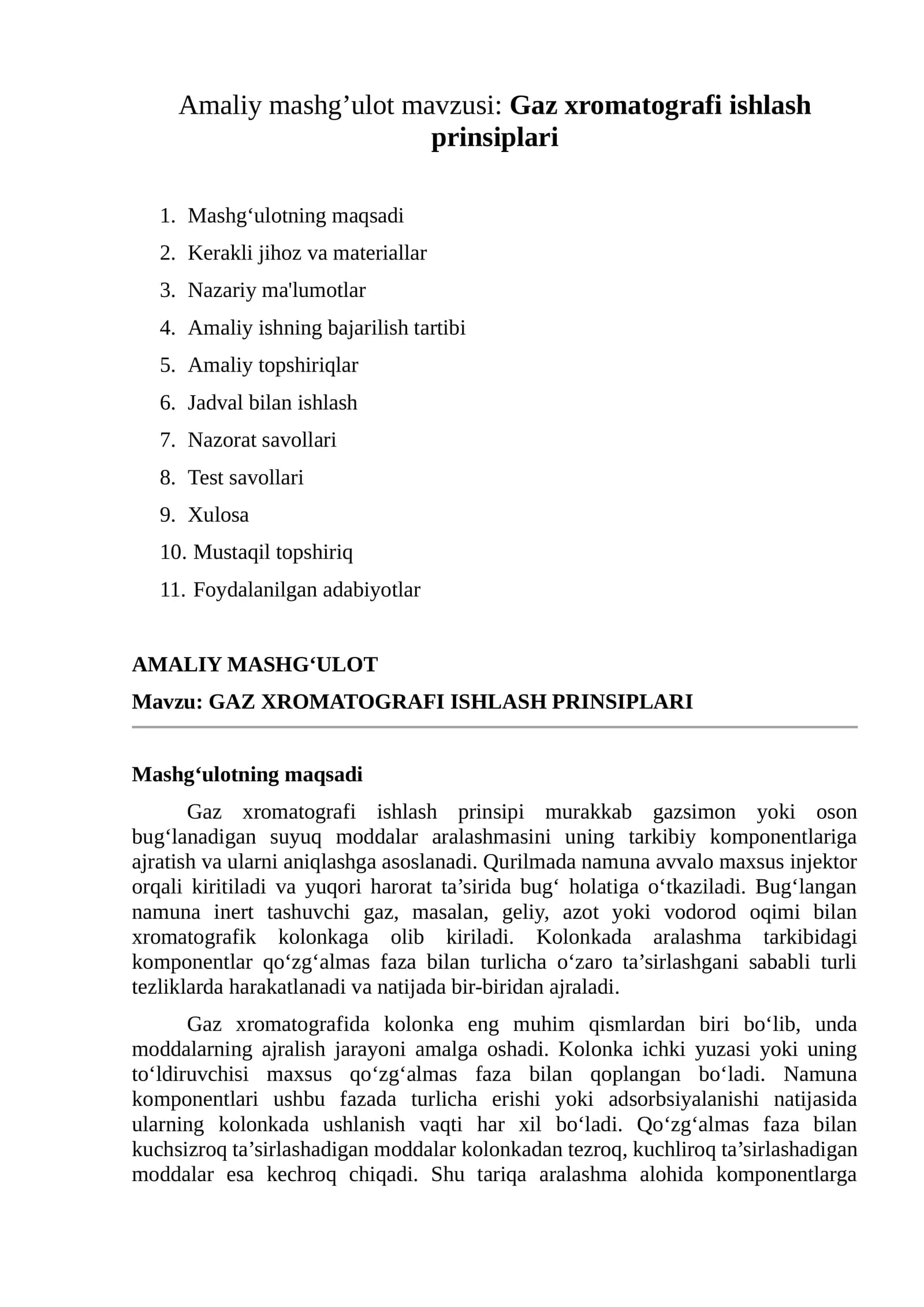 Gaz xromatografi ishlash prinsiplari