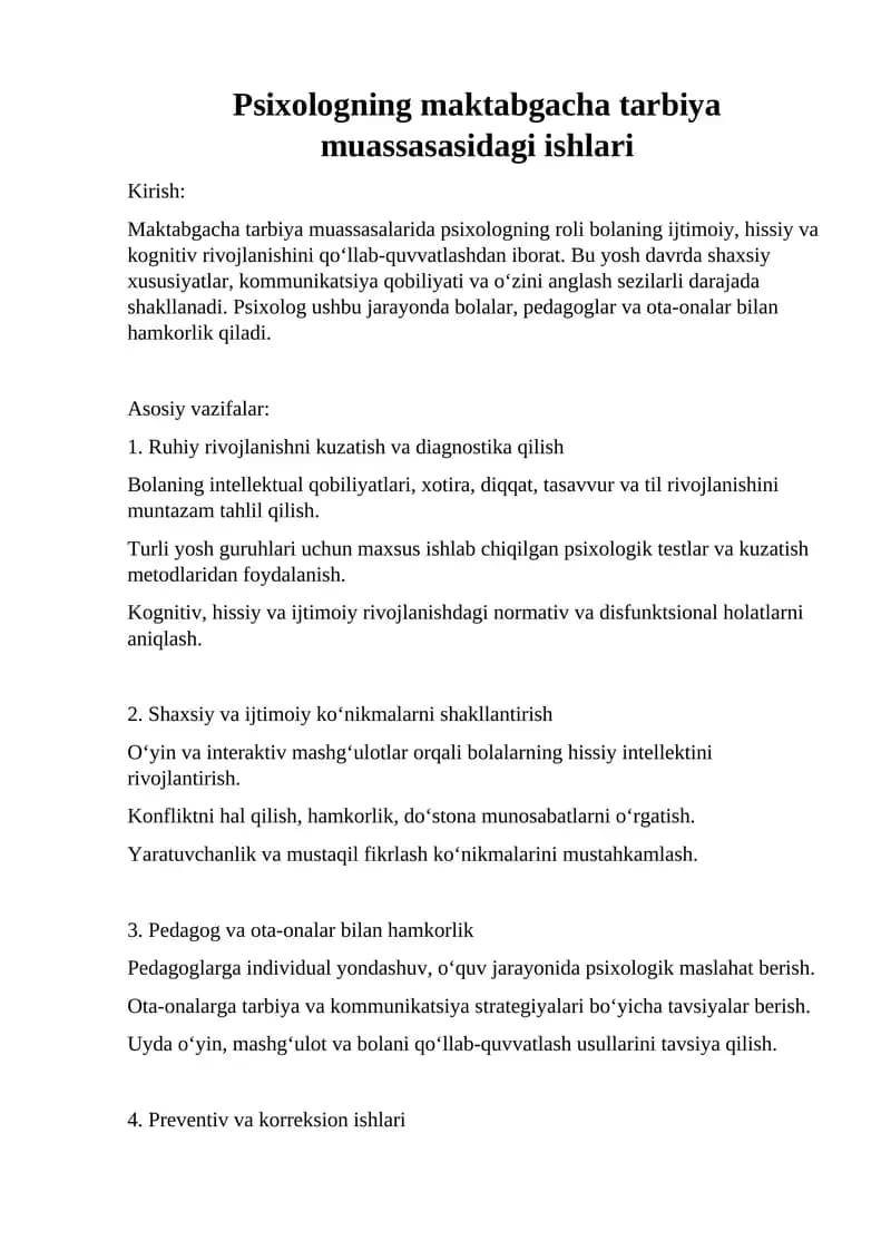 Psixologning maktabgacha tarbiya muassasasidagi ishlari