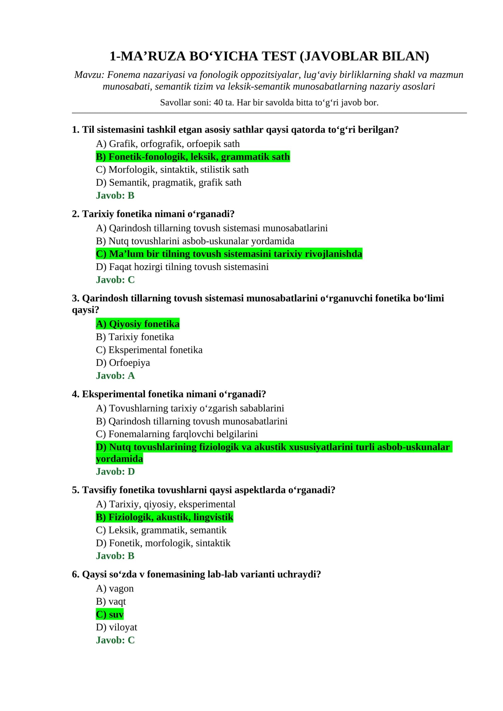 MA’RUZA BO‘YICHA TEST (JAVOBLAR BILAN)