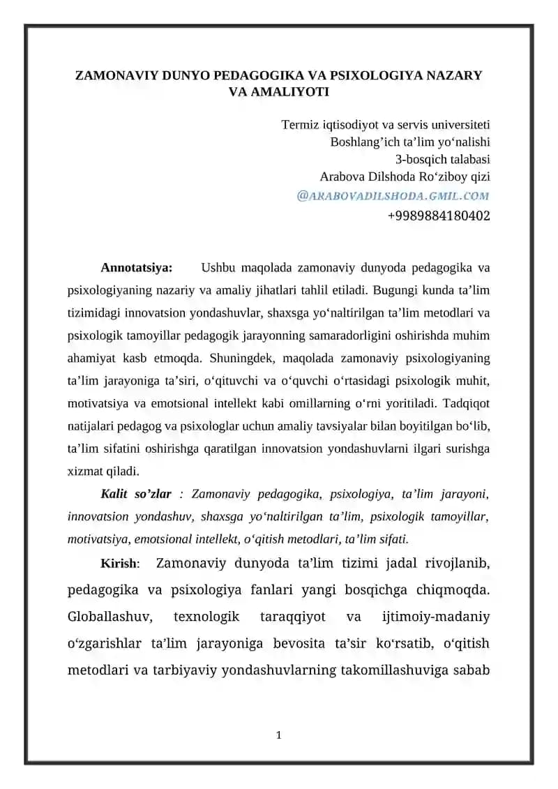 ZAMONAVIY DUNYO PEDAGOGIKA VA PSIXOLOGIYA NAZARY VA AMALIYOTI