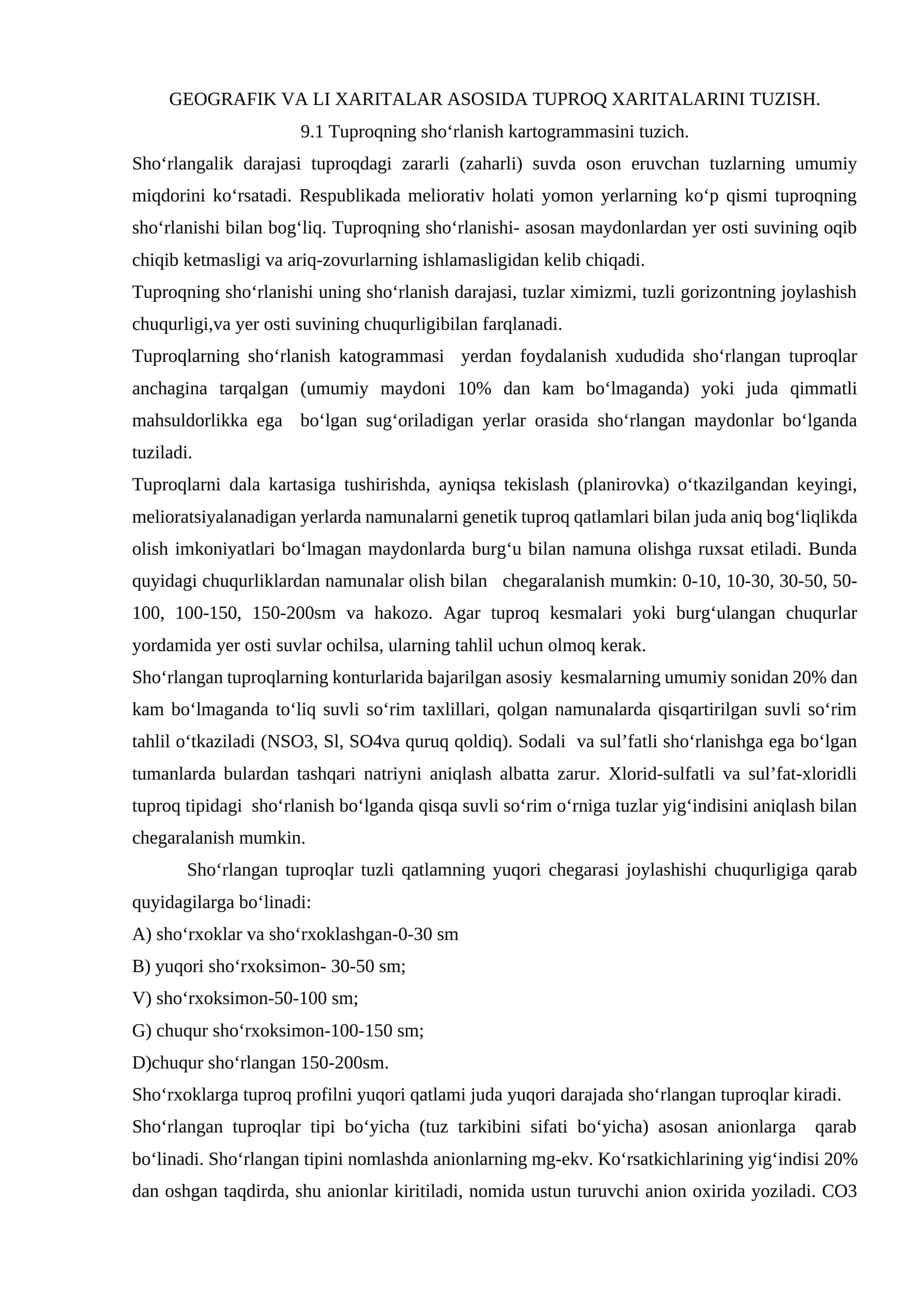 Tuproqning sho‘rlanish kartogrammasini tuzish