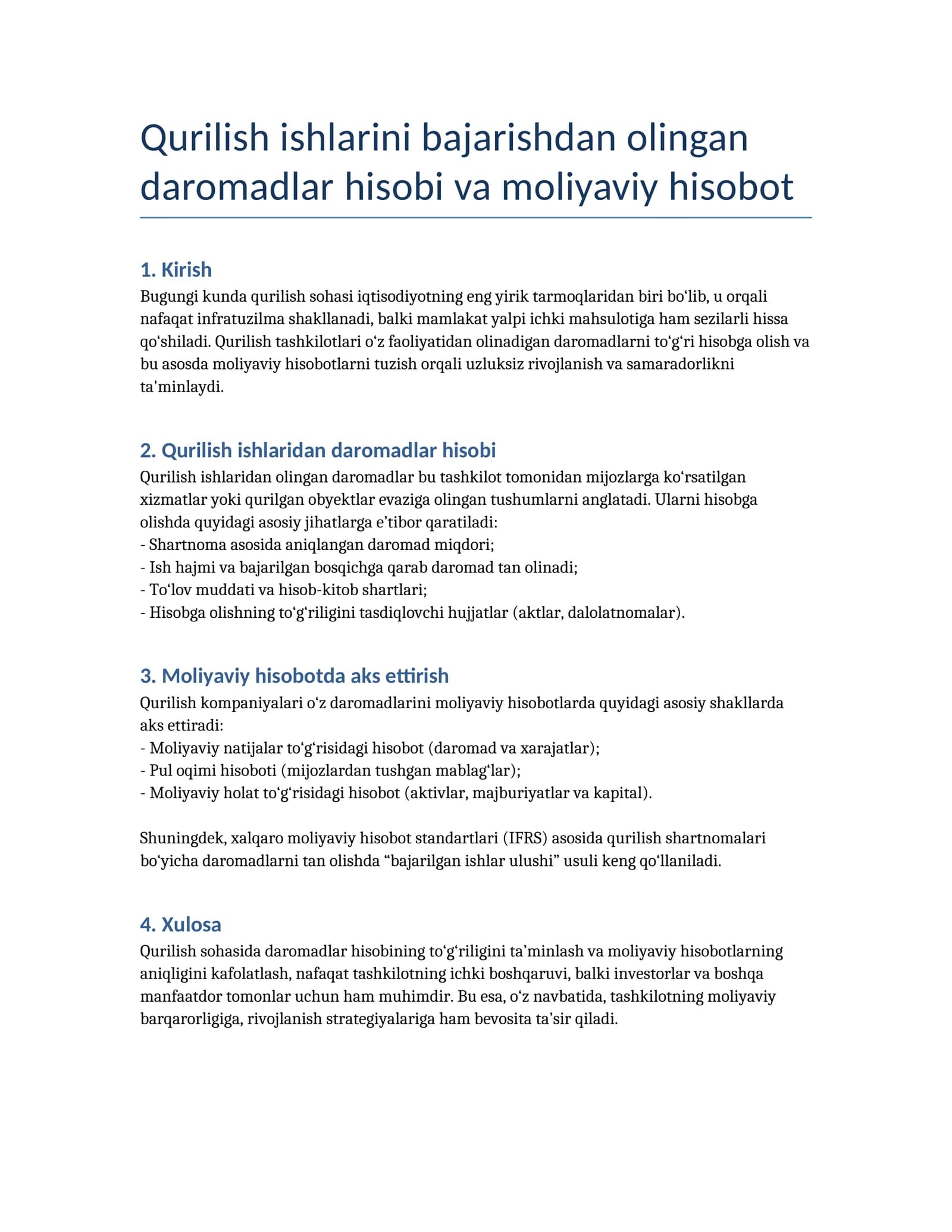 Qurilish ishlarini bajarishdan olingan daromadlar hisobi va moliyaviy hisobot