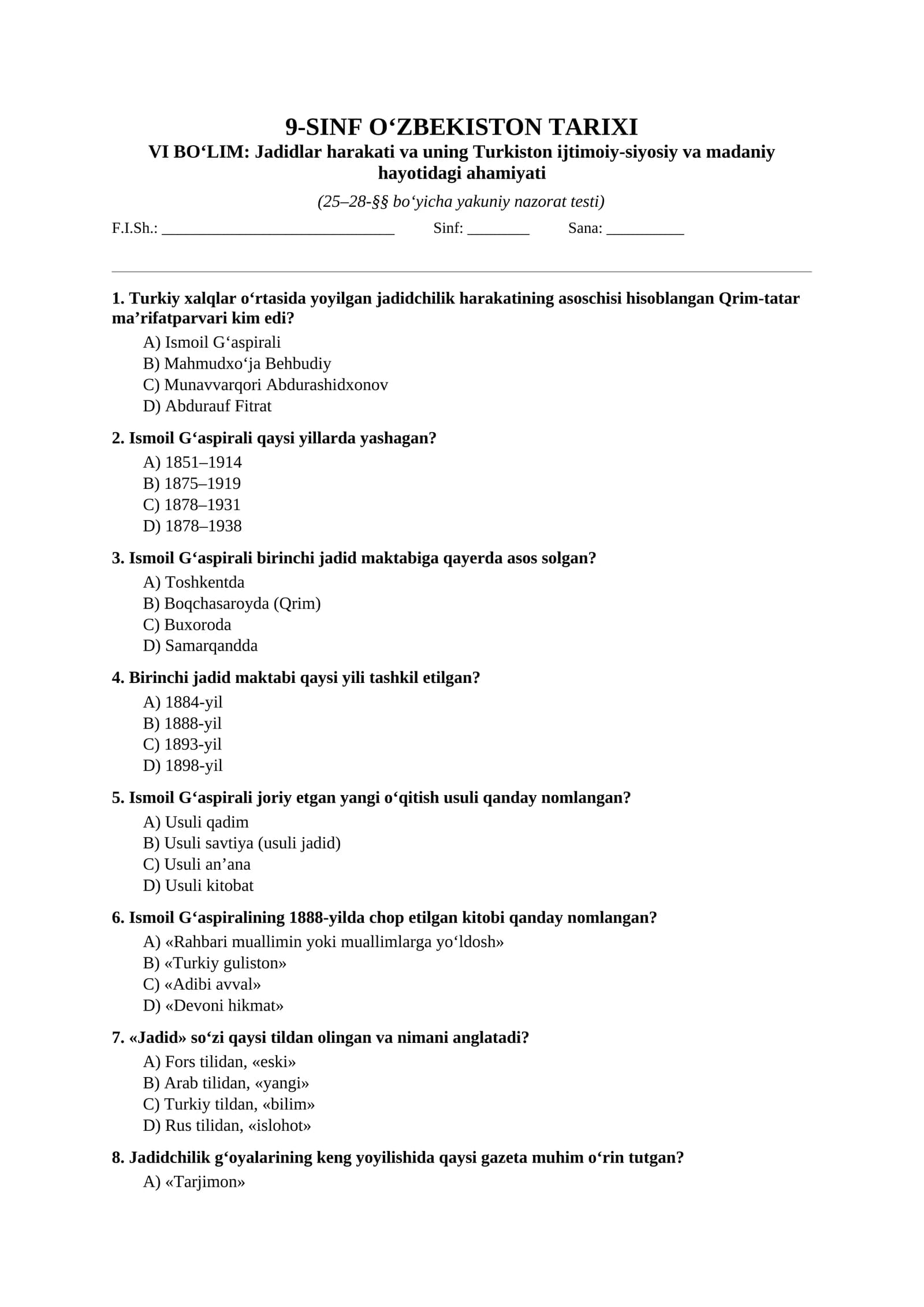 Mavzulashtirilgan testlar | 9-SINF O‘ZBEKISTON TARIXI VI boʻlim