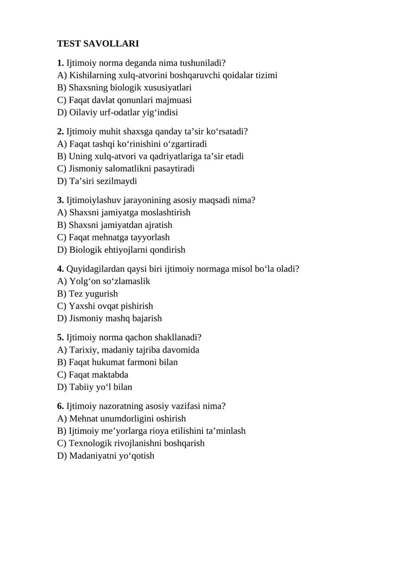 Ijtimoiylashuv Test savollari