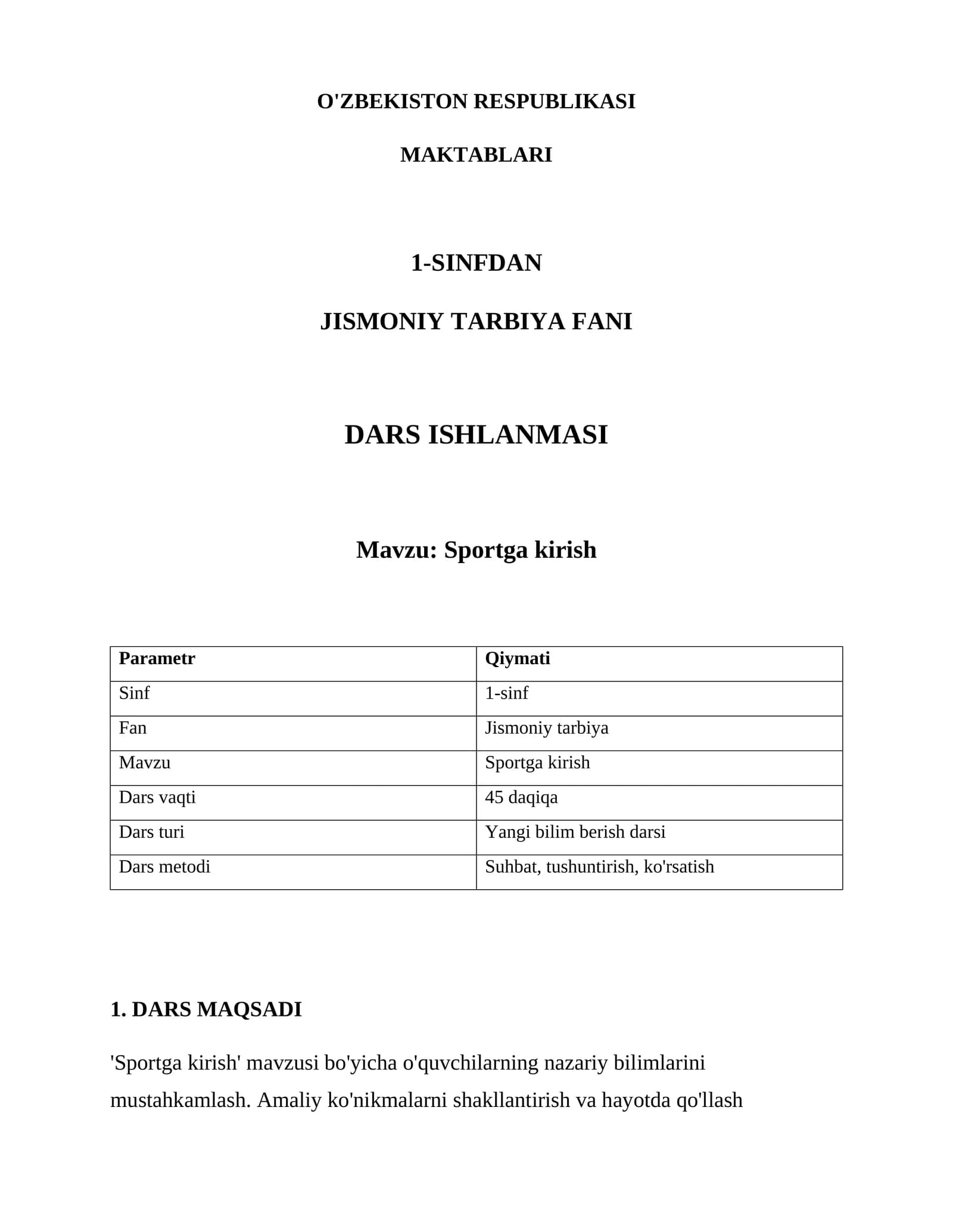 Jismoniy tarbiya fani DARS ISHLANMASI