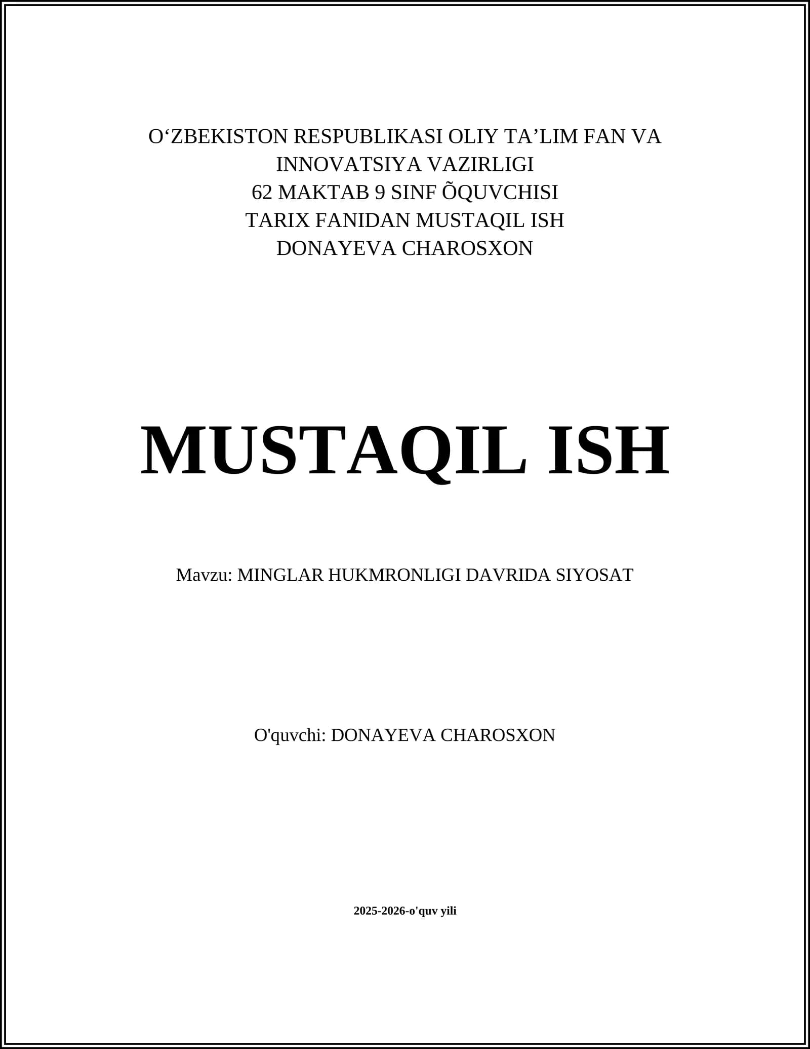 MINGLAR HUKMRONLIGI DAVRIDA SIYOSAT