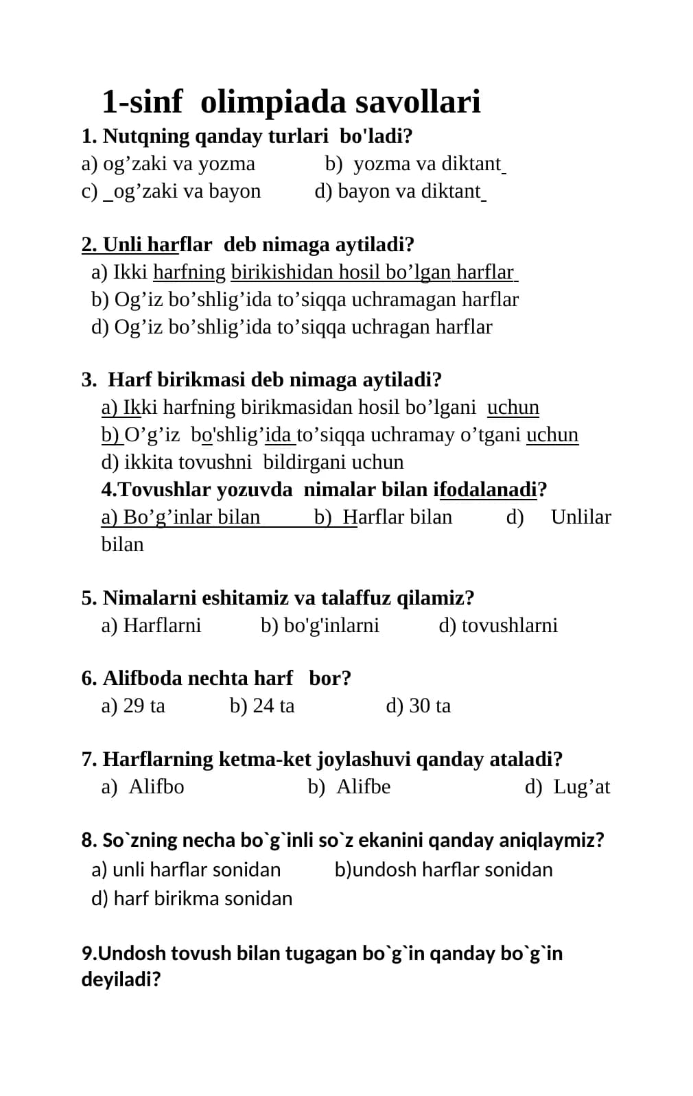 1-sinf olimpiada savollari