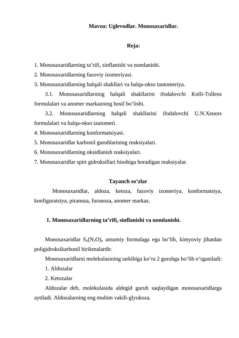Uglevodlar. Monosaxaridlar