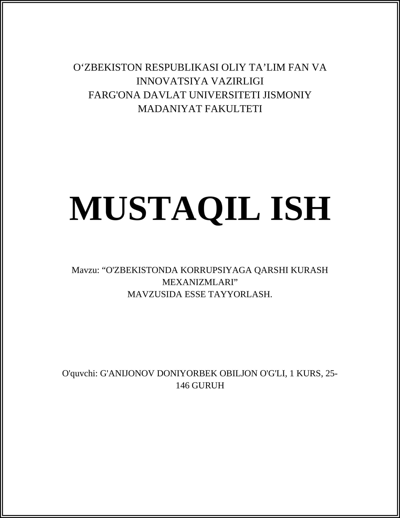 O'ZBEKISTONDA KORRUPSIYAGA QARSHI KURASH MEXANIZMLARI