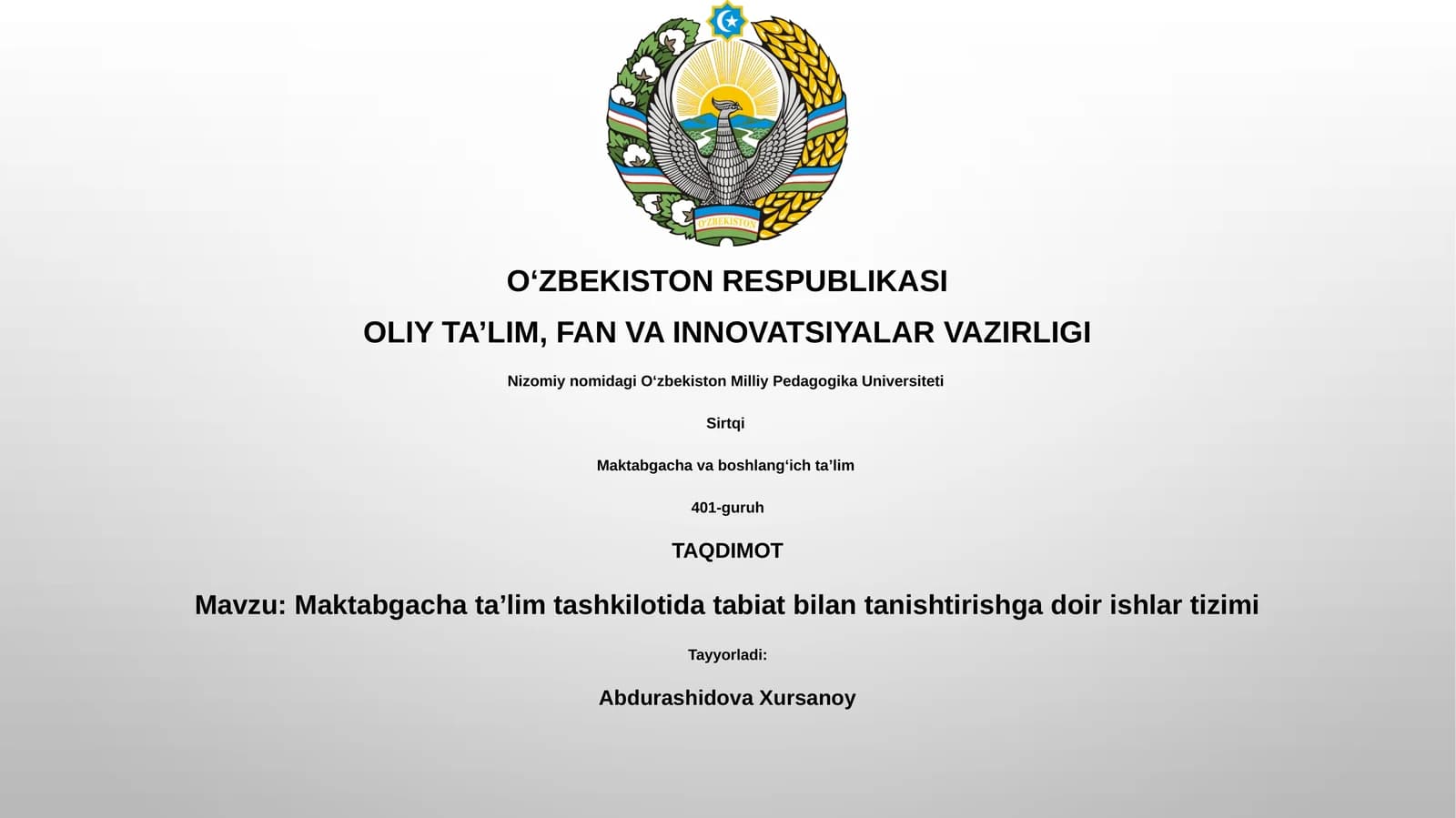 Maktabgacha taʼlim tashkilotida tabiat bilan tanishtirishga doir ishlar tizimi