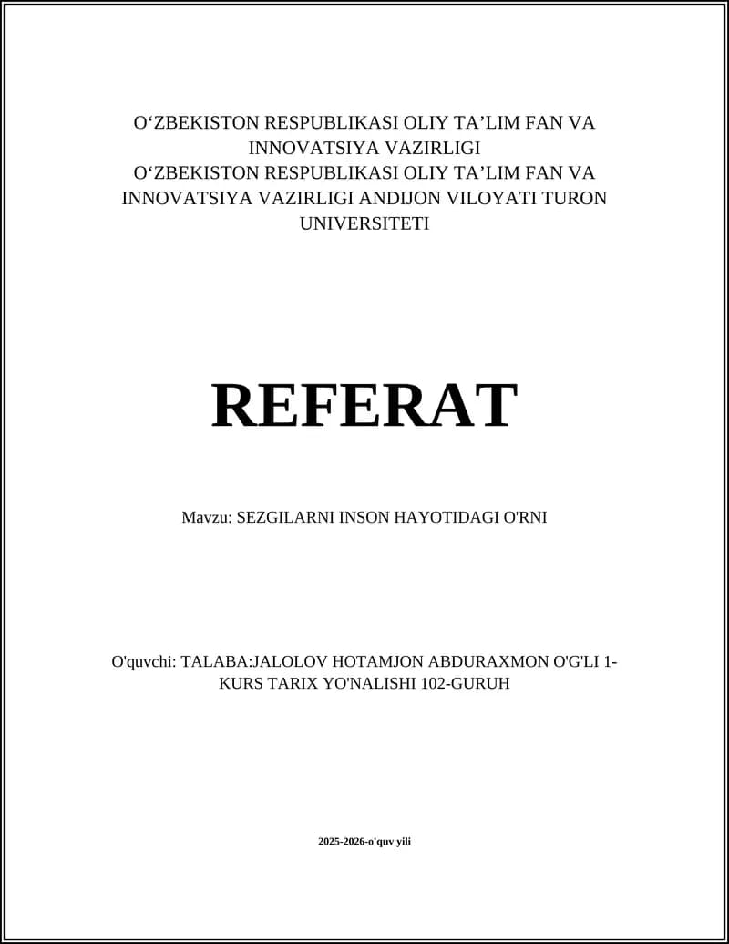 SEZGILARNI INSON HAYOTIDAGI O'RNI