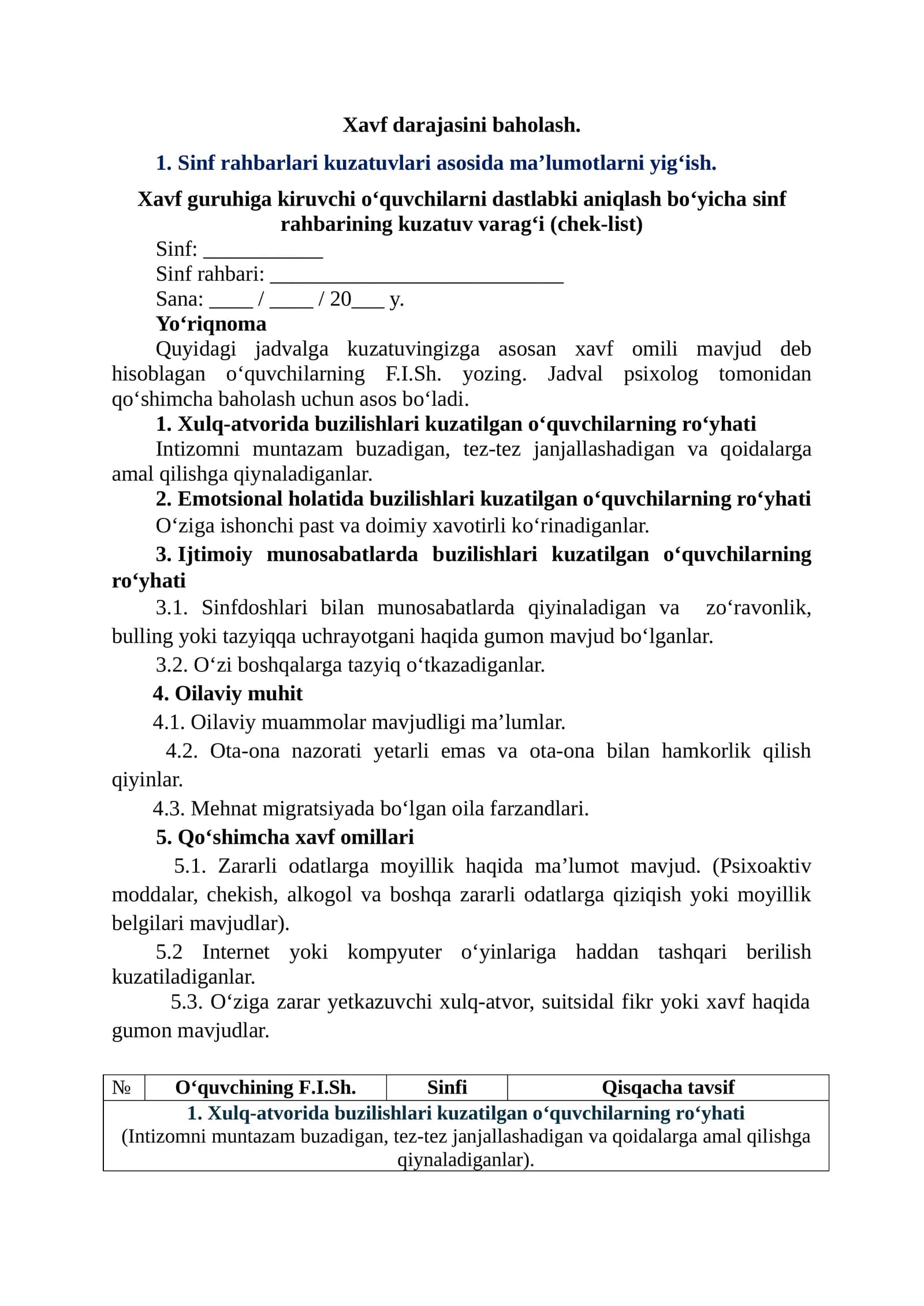 sinf rahbari uchun cheklist Xavf darajasini baholash