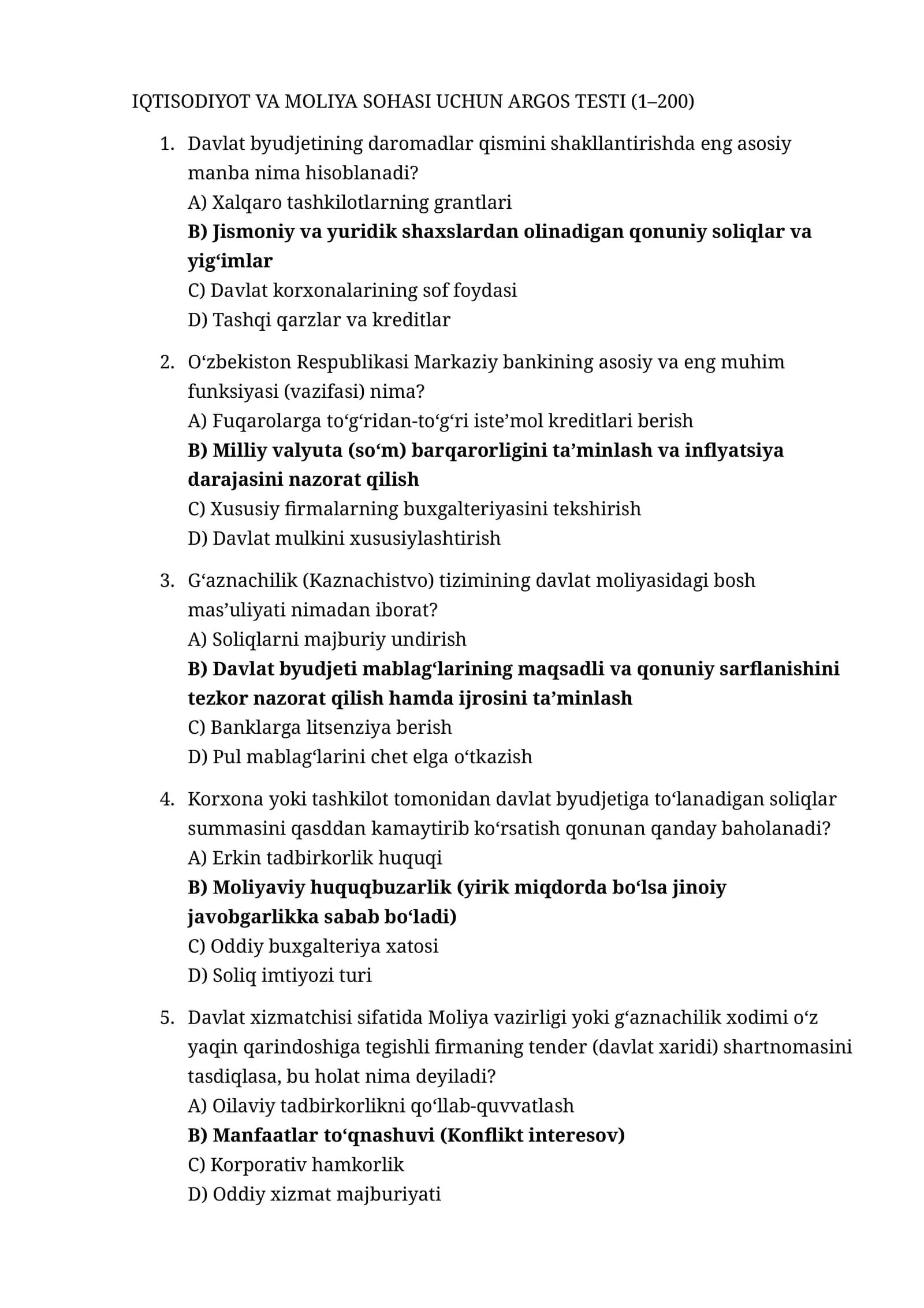 IQTISODIYOT VA MOLIYA SOHASI UCHUN ARGOS TESTI
