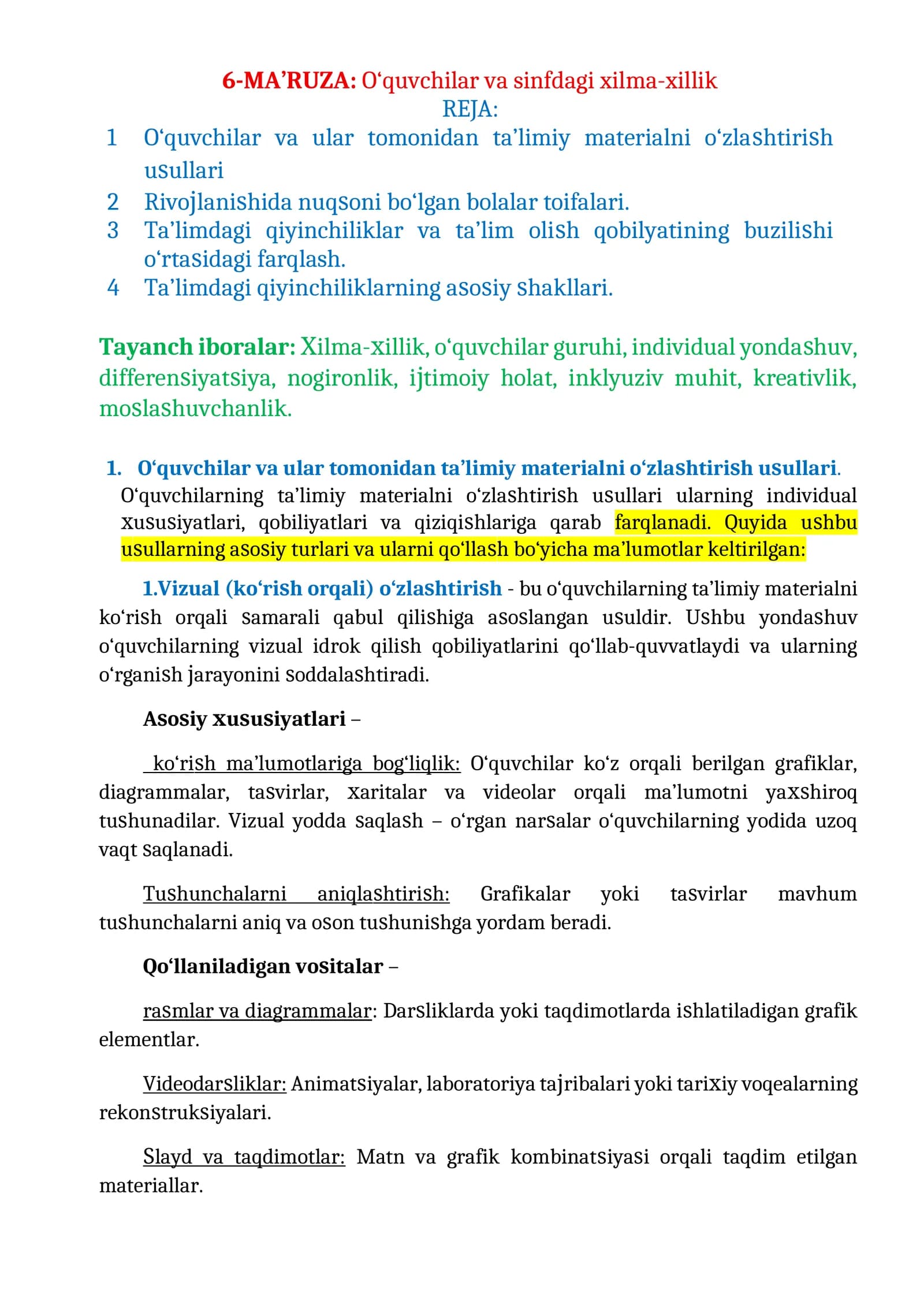 6-MA’RUZA: O‘quvchilar va sinfdagi xilma-xillik