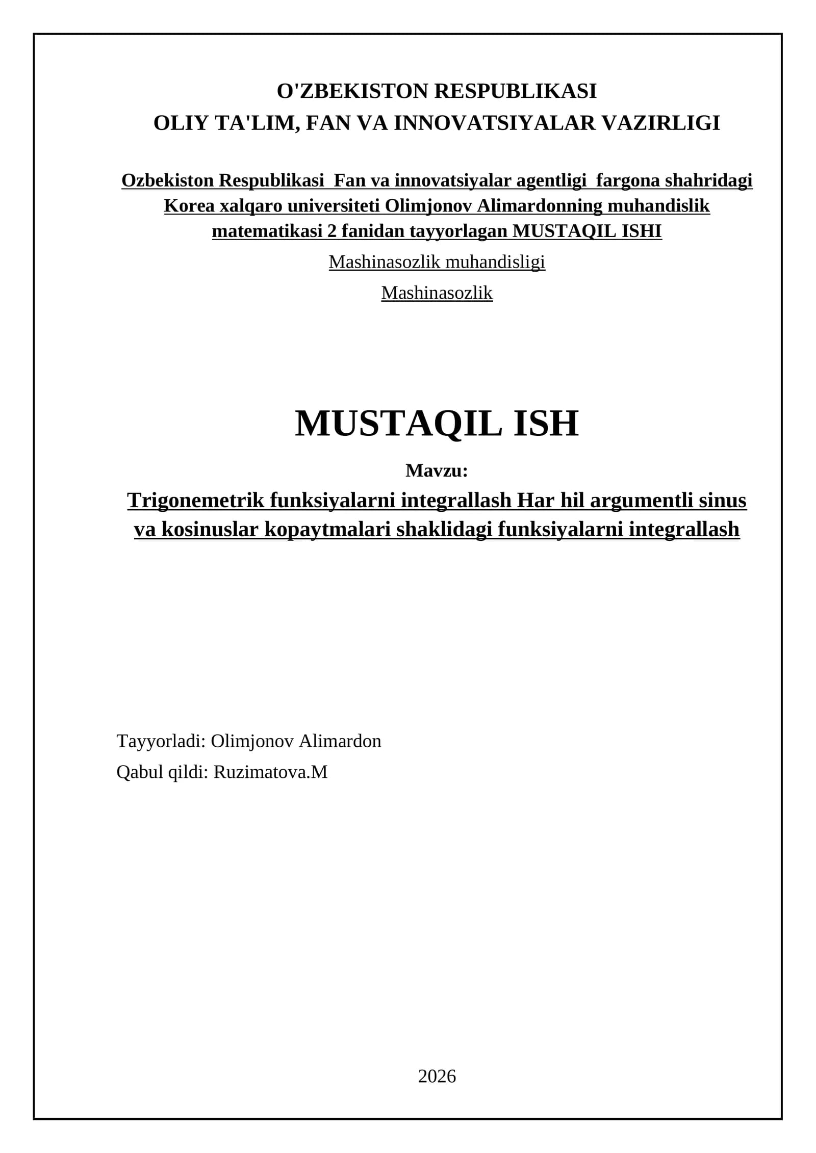 Trigonemetrik funksiyalarni integrallash Har hil argumentli sinus va kosinuslar kopaytmalari shaklidagi funksiyalarni integrallash