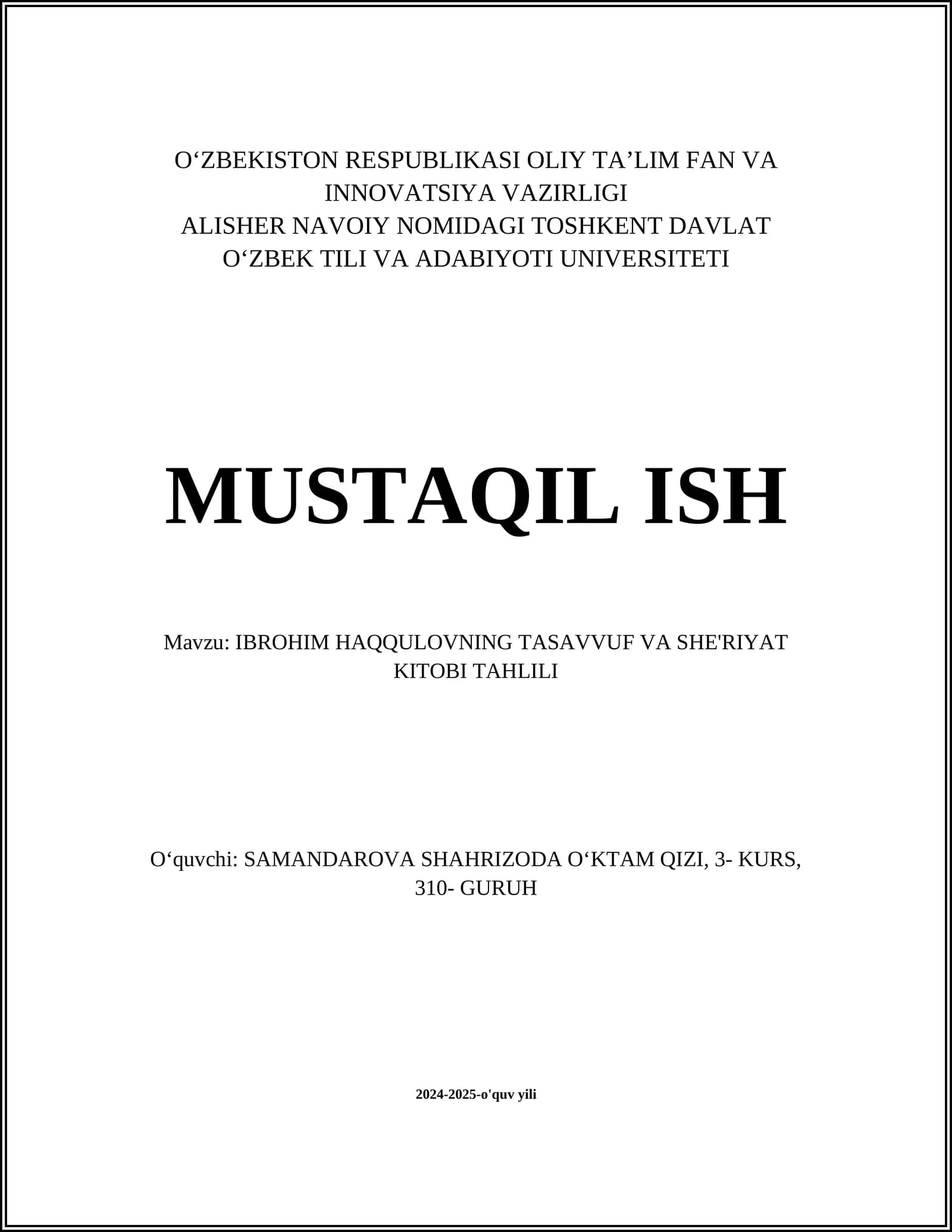 IBROHIM HAQQULOVNING TASAVVUF VA SHE'RIYAT KITOBI TAHLILI