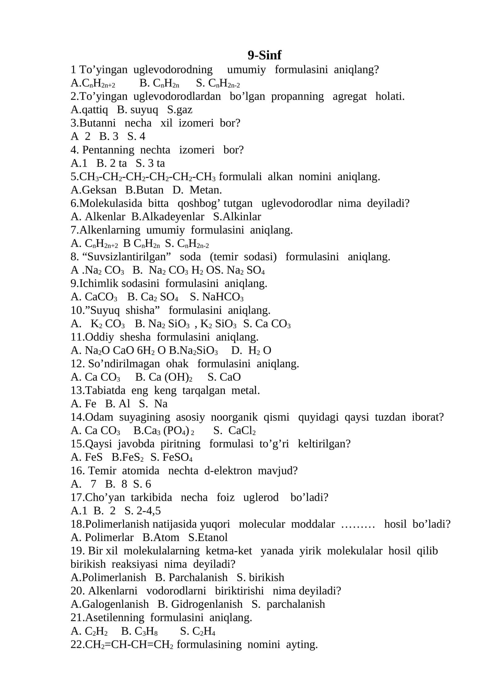 Fizika fanidan 9-Sinf test
