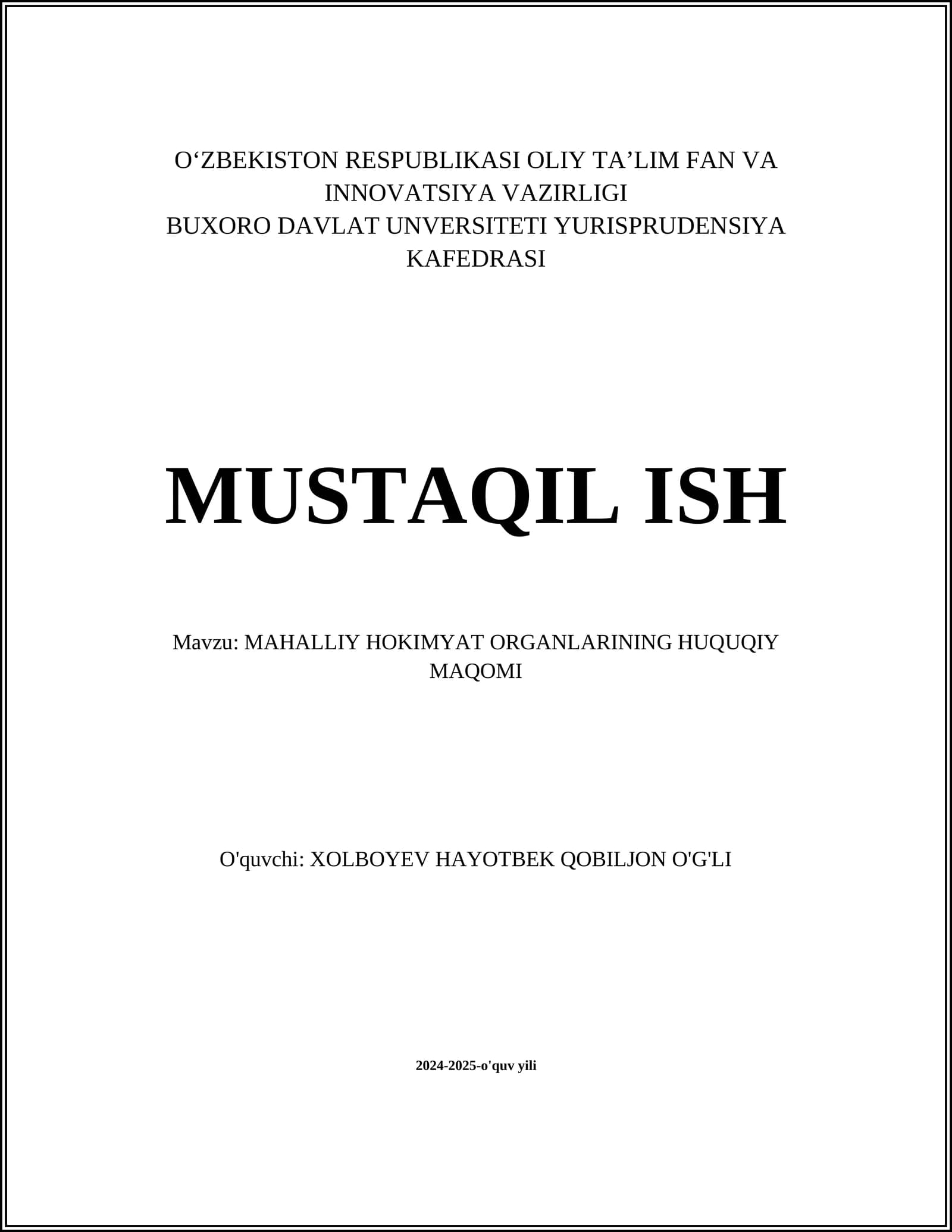 MAHALLIY HOKIMYAT ORGANLARINING HUQUQIY MAQOMI