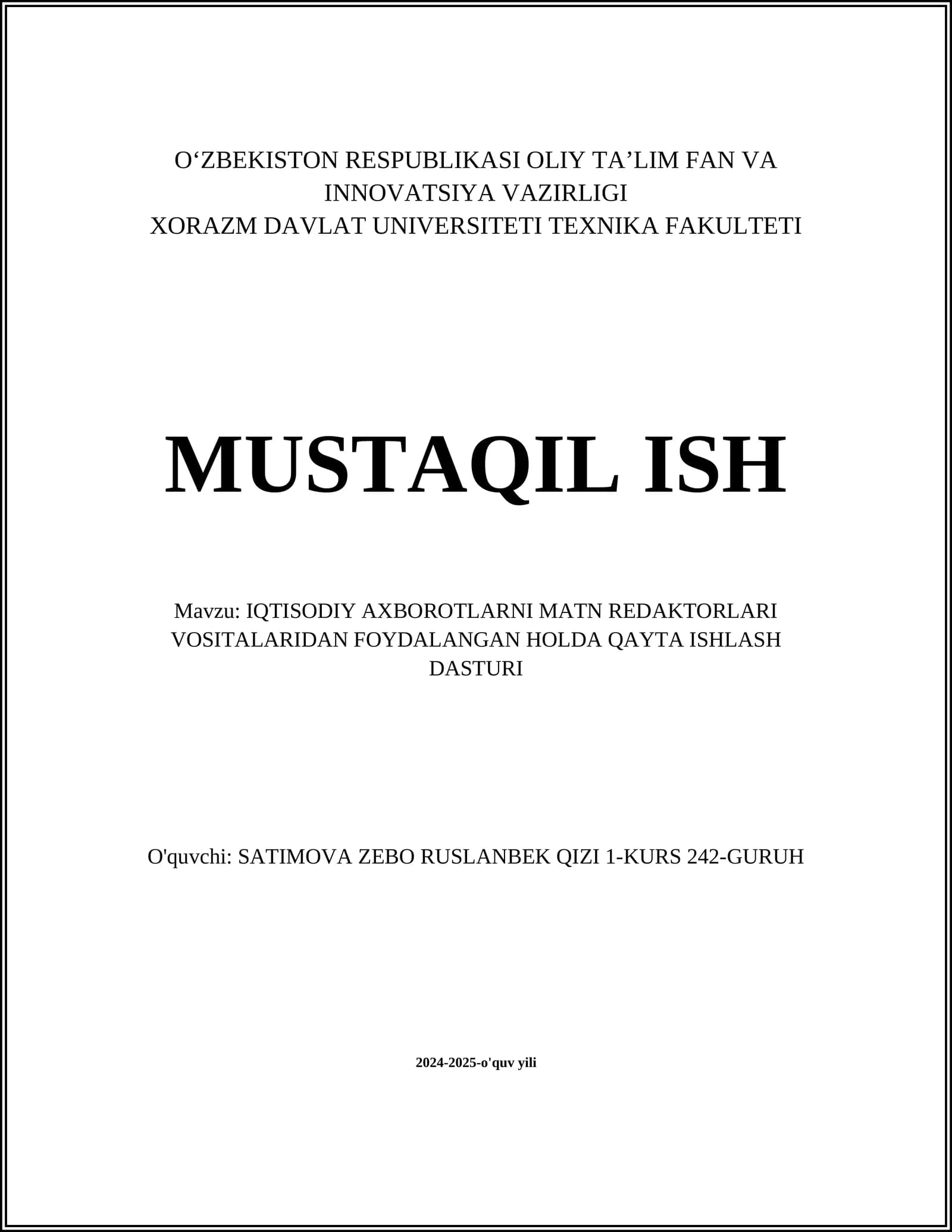 IQTISODIY AXBOROTLARNI MATN REDAKTORLARI VOSITALARIDAN FOYDALANGAN HOLDA QAYTA ISHLASH DASTURI