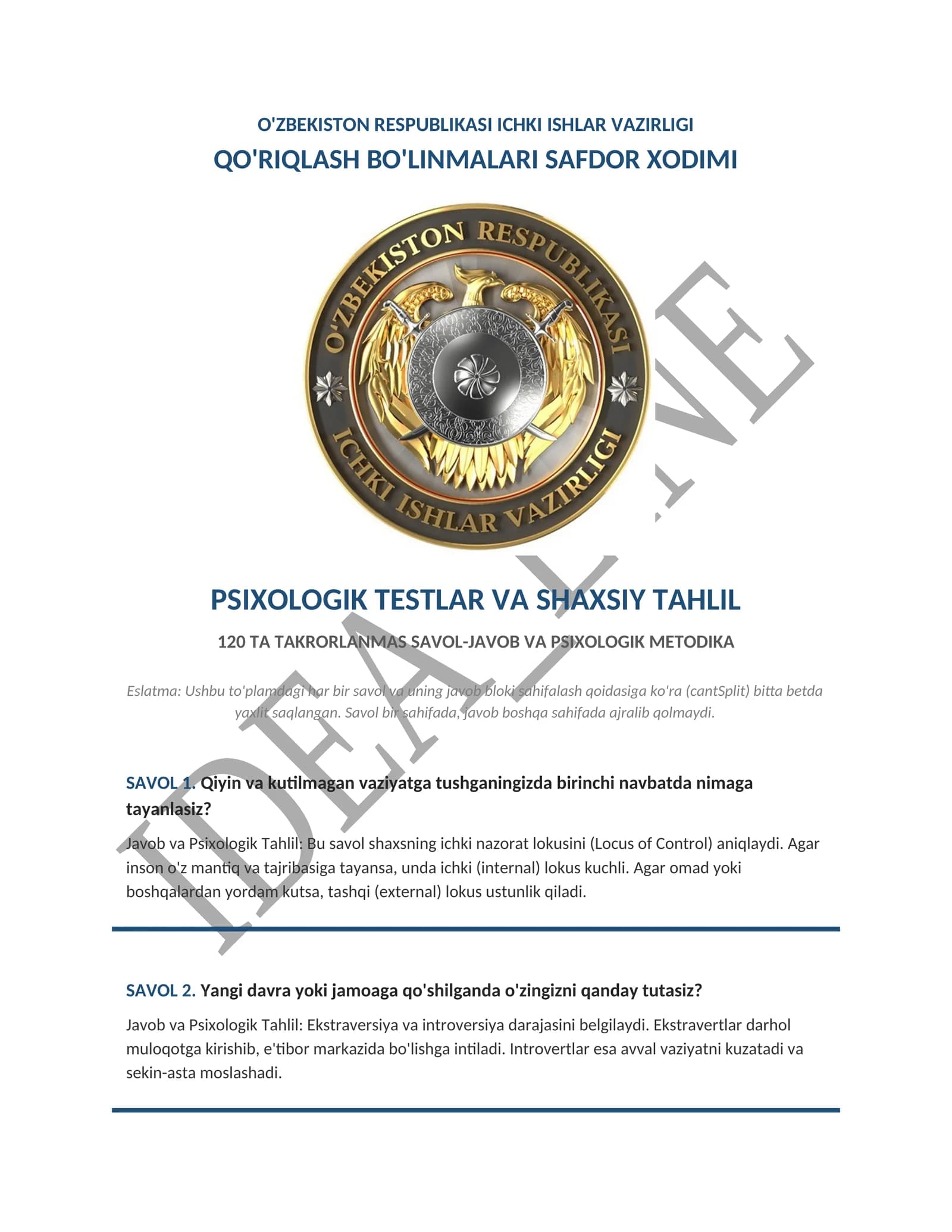 PSIXOLOGIK TESTLAR VA SHAXSIY TAHLIL